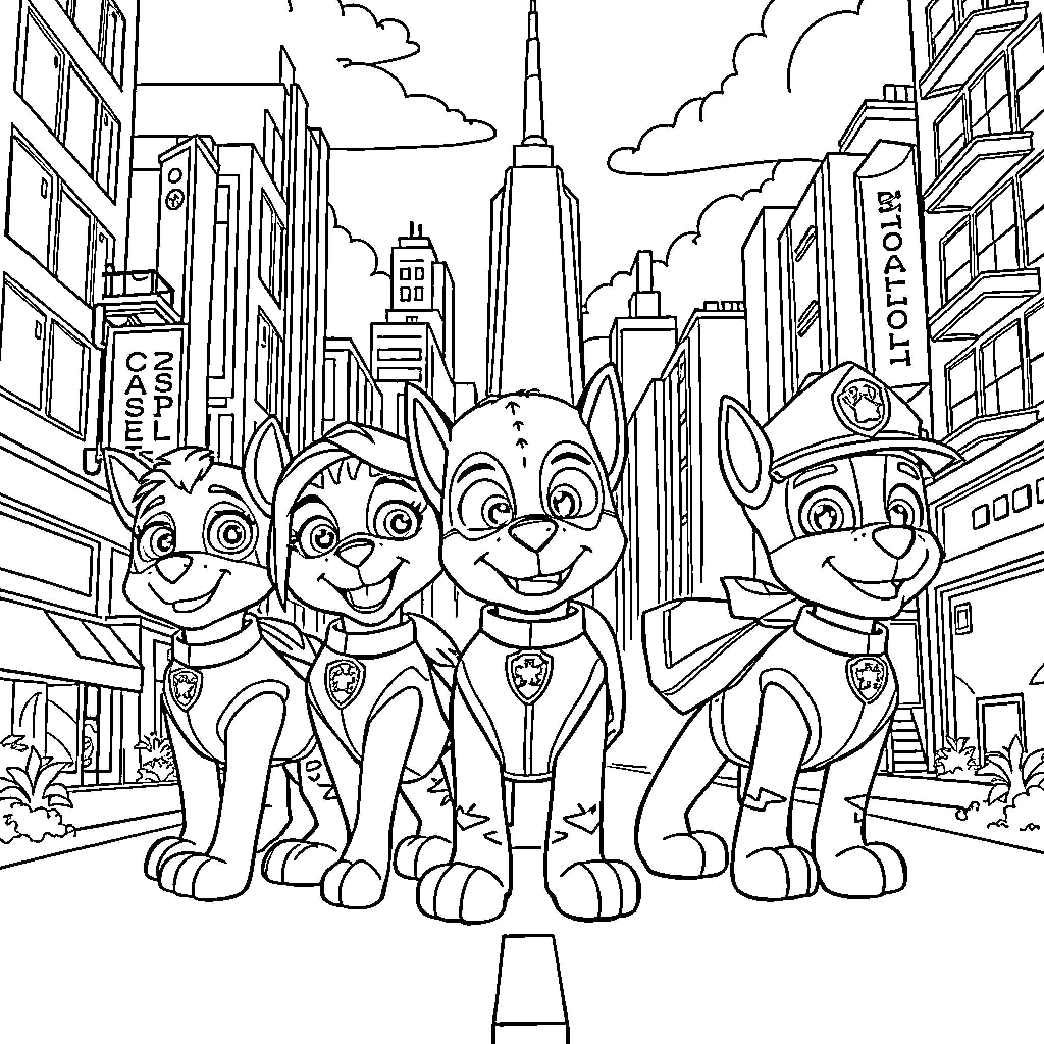 Paw Patrol Puppies in the City Coloring Page (free black-and-white line drawing printable PDF for all, from beginners to advanced learners, including children, teens, adults, and seniors)