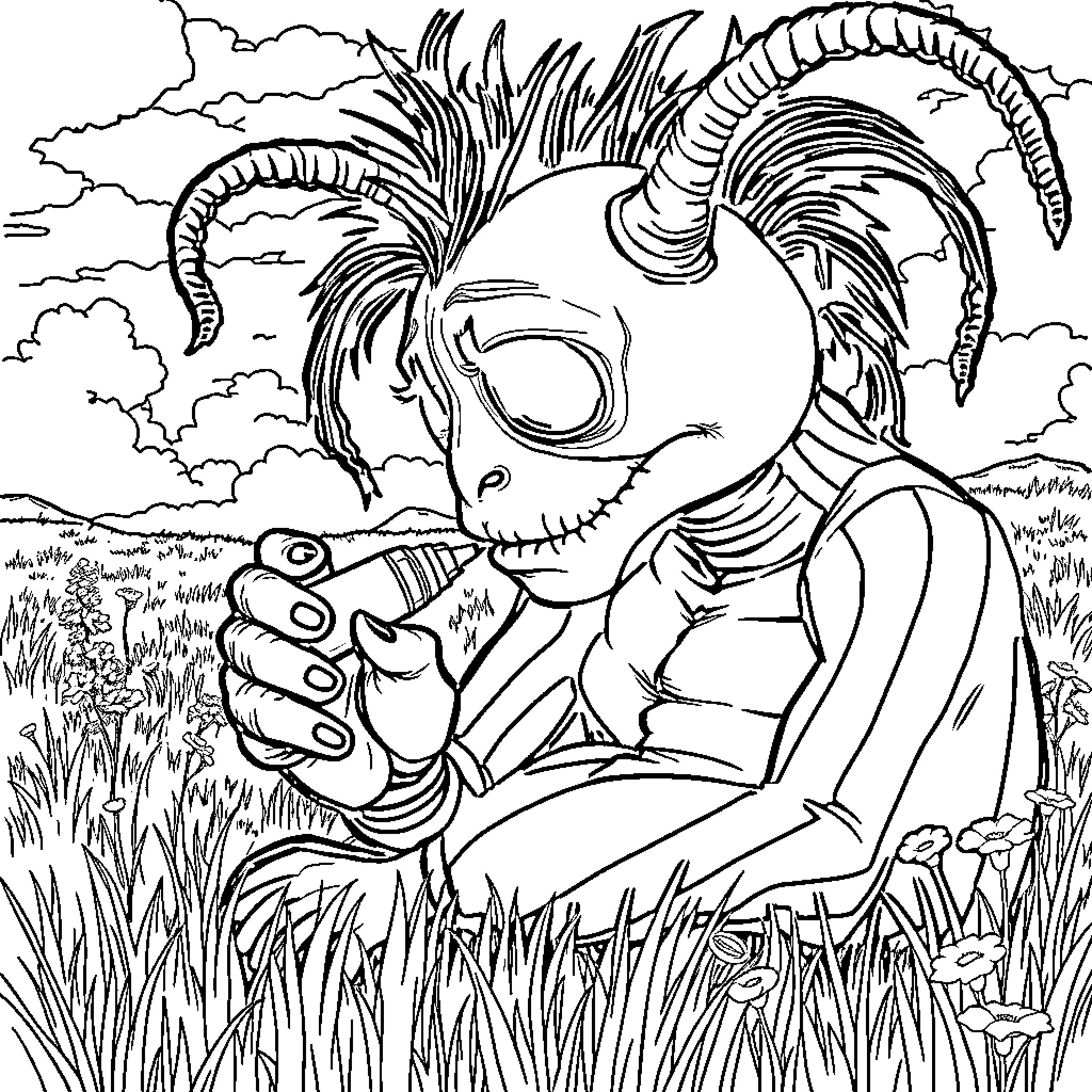Beetlejuice's Spooky Adventure in the Enchanted Forest Coloring Page (free black-and-white line drawing printable PDF for all, from beginners to advanced learners, including children, teens, adults, and seniors)