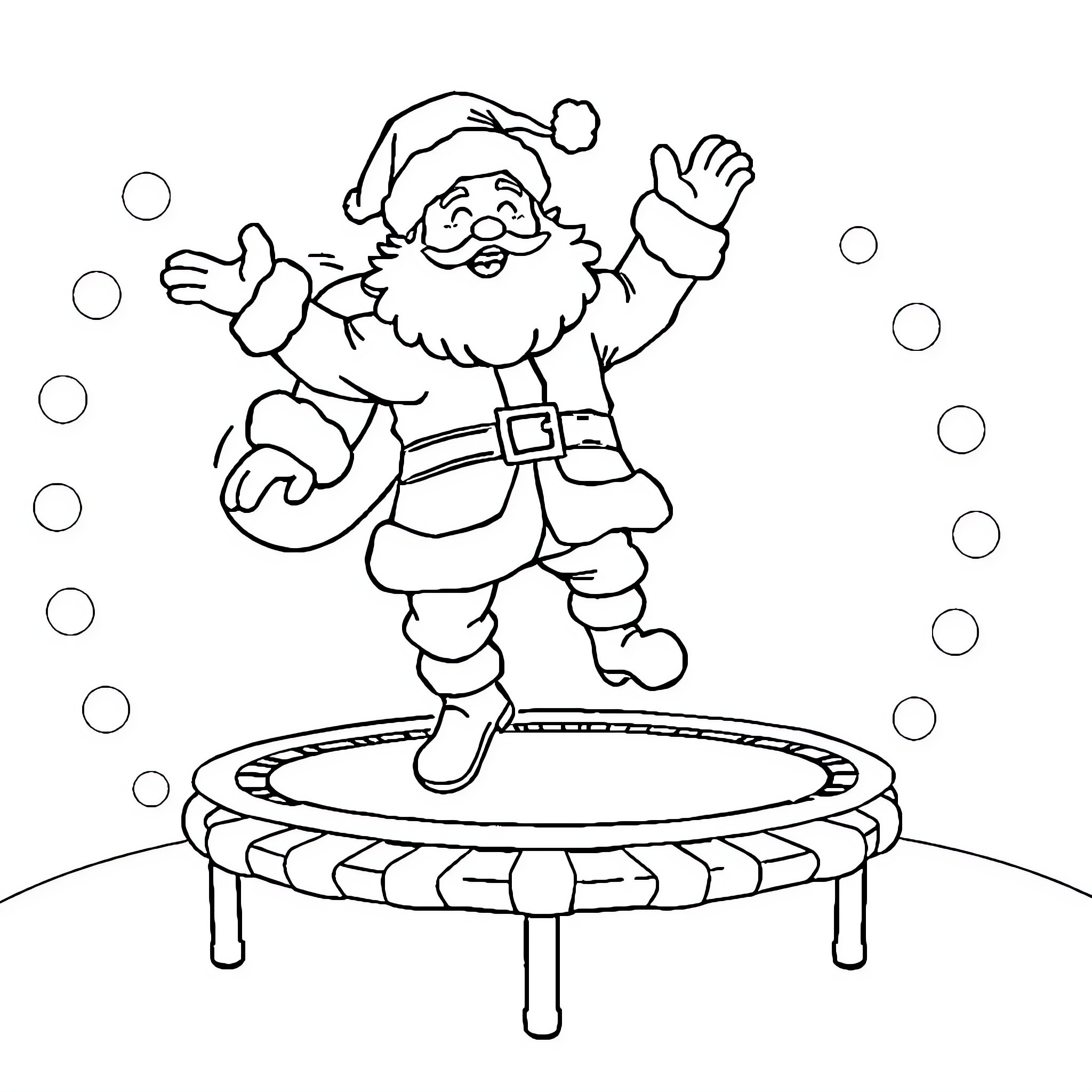 Père Noël Bouncing Joyfully on Trampoline Coloring Page (free black-and-white line drawing printable PDF for all, from beginners to advanced learners, including children, teens, adults, and seniors)
