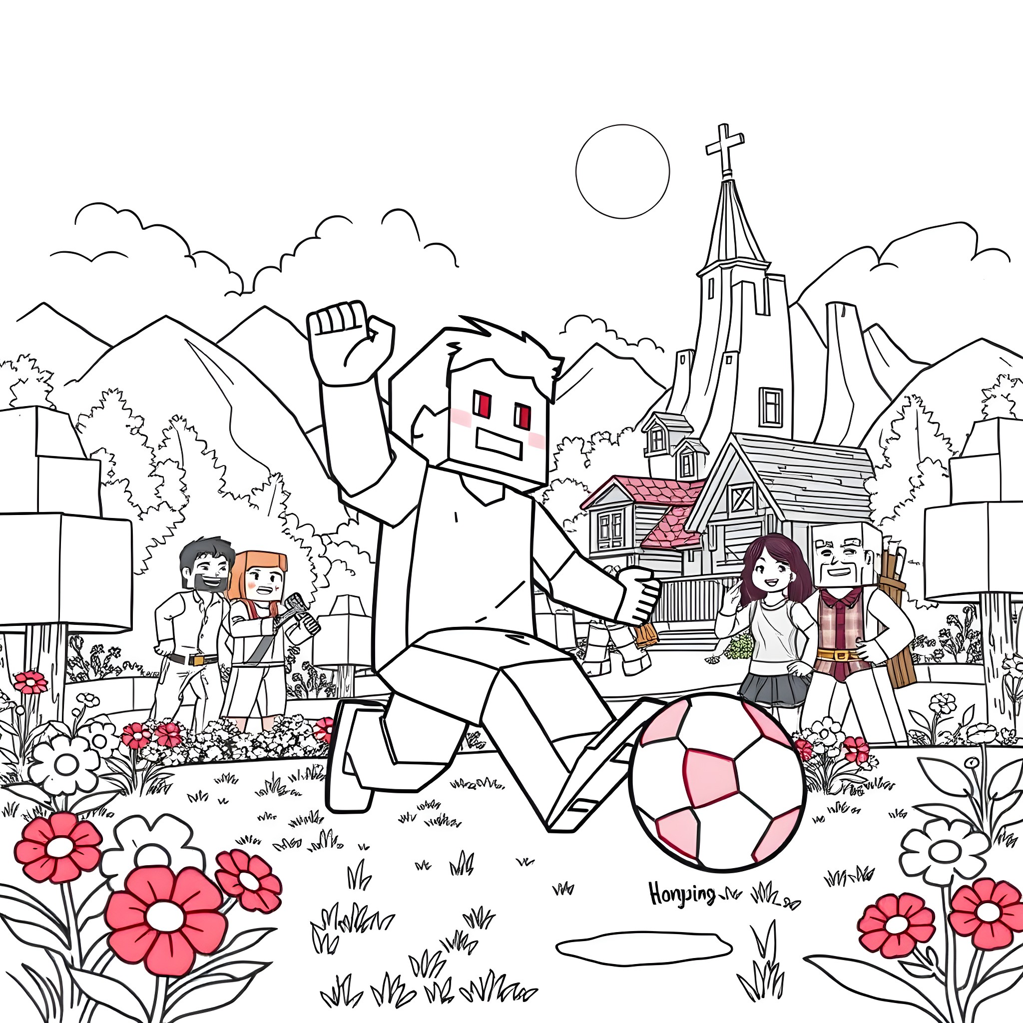 Steve playing soccer in a small village Coloring Page (free black-and-white line drawing printable PDF for all, from beginners to advanced learners, including children, teens, adults, and seniors)
