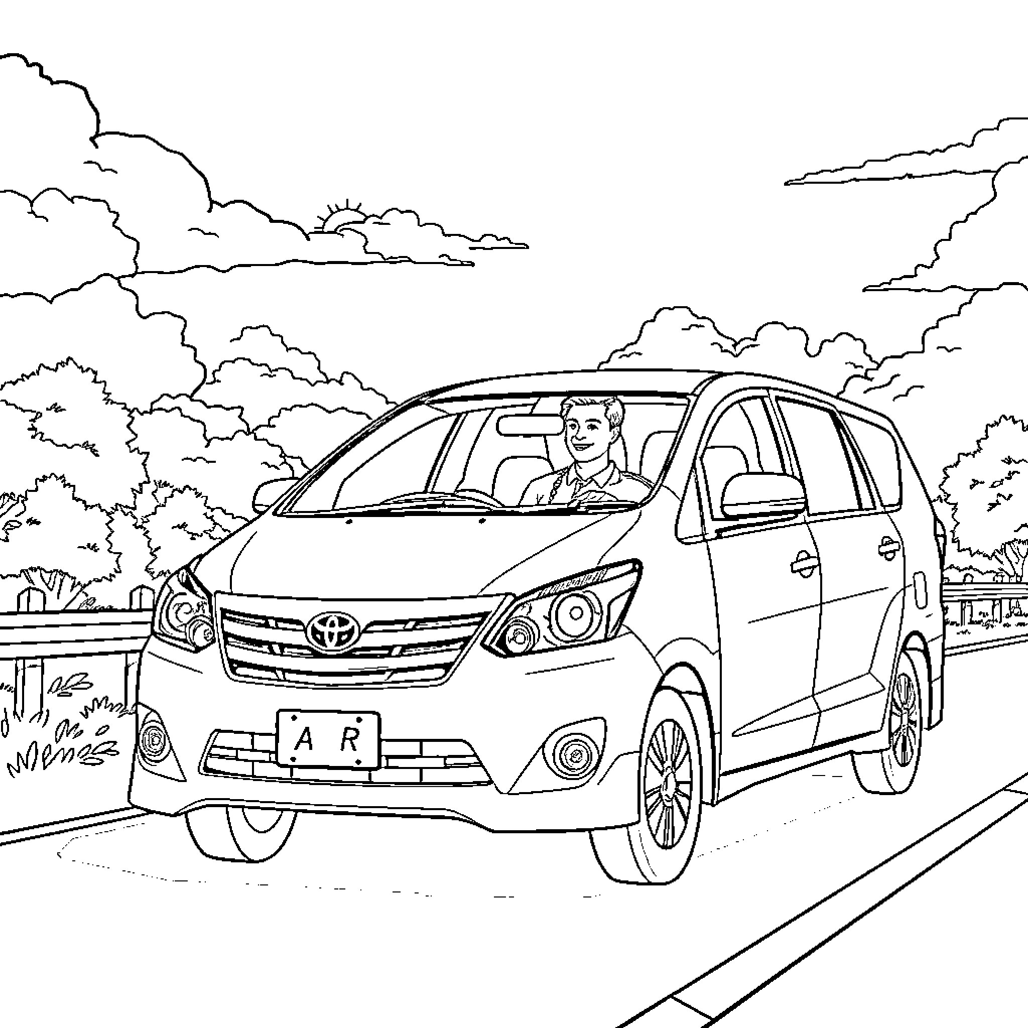 Toyota Innova family car on scenic road Coloring Page (free black-and-white line drawing printable PDF for all, from beginners to advanced learners, including children, teens, adults, and seniors)
