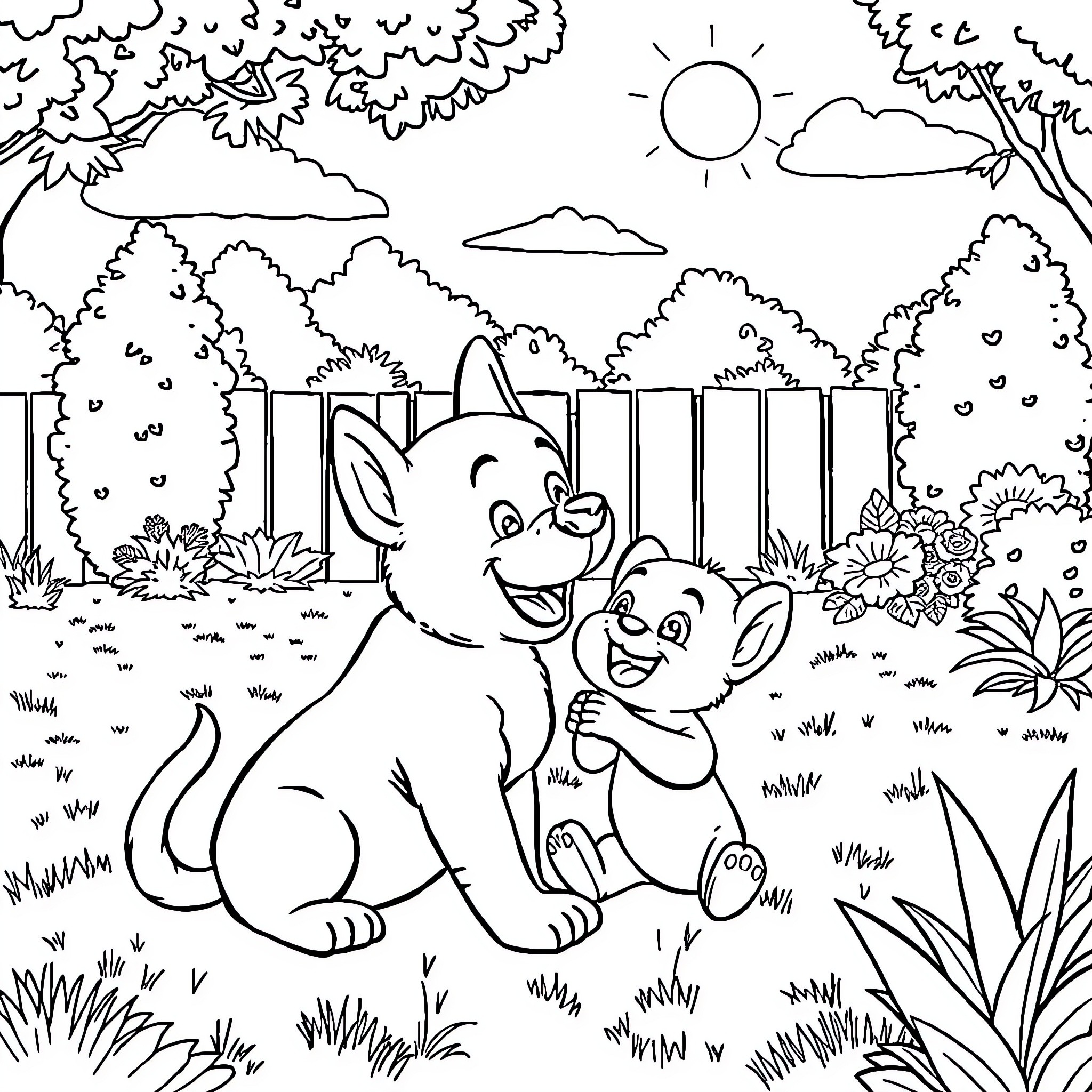 Bluey and Bingo playing joyfully in the backyard Coloring Page (free black-and-white line drawing printable PDF for all, from beginners to advanced learners, including children, teens, adults, and seniors)