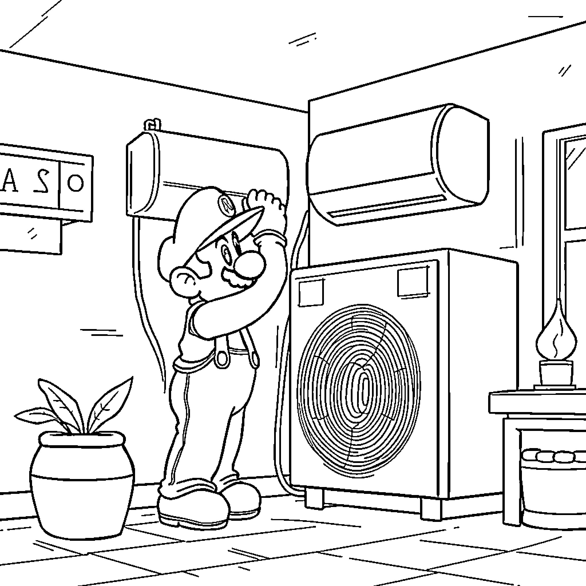 Mario enjoying a relaxing moment at home Coloring Page (free black-and-white line drawing printable PDF for all, from beginners to advanced learners, including children, teens, adults, and seniors)