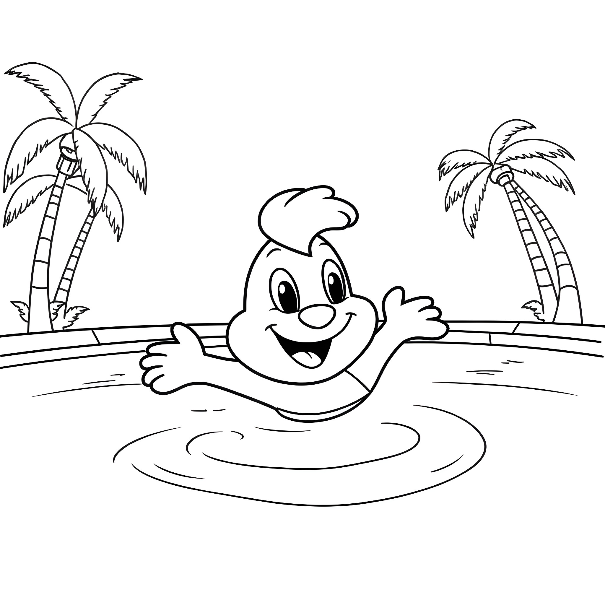 Scoopie splashing happily in the tropical waters Coloring Page (free black-and-white line drawing printable PDF for all, from beginners to advanced learners, including children, teens, adults, and seniors)