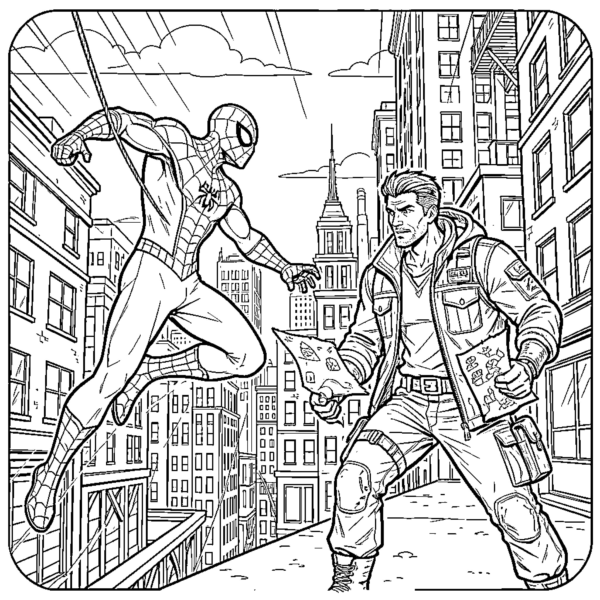 Spiderman swinging over the city with allies Coloring Page (free black-and-white line drawing printable PDF for all, from beginners to advanced learners, including children, teens, adults, and seniors)