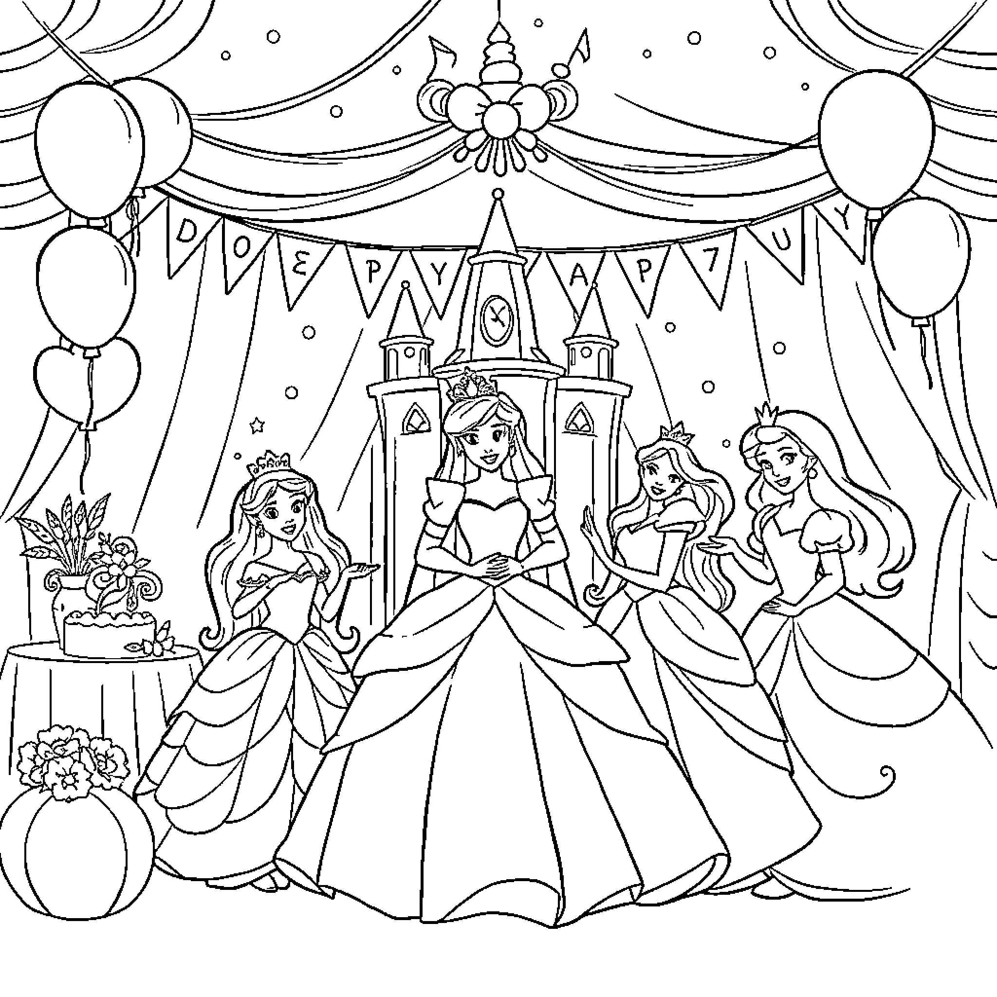 Princess Celebrating in a Grand Castle Coloring Page (free black-and-white line drawing printable PDF for all, from beginners to advanced learners, including children, teens, adults, and seniors)