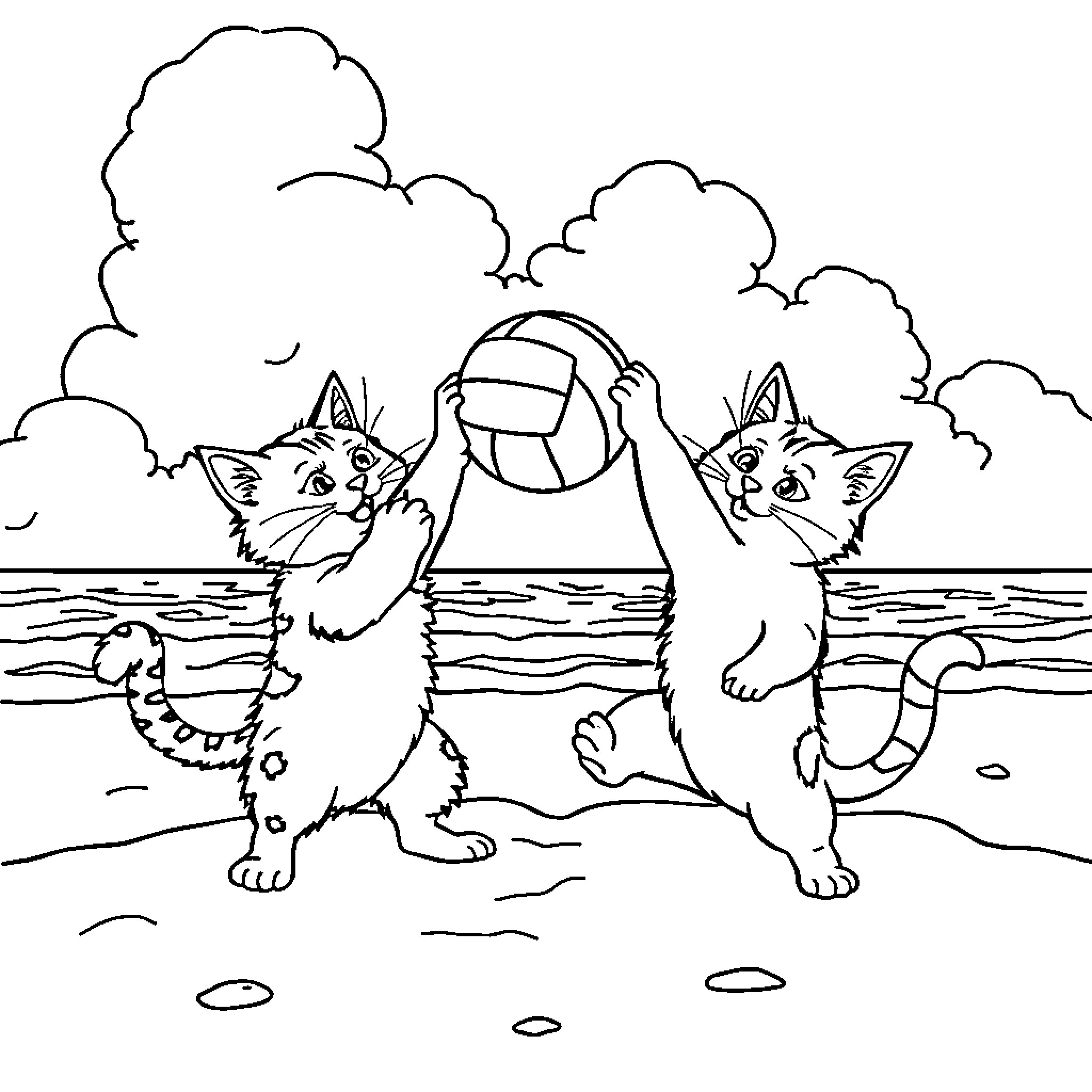 Cats playing with a beach ball in the ocean Coloring Page (free black-and-white line drawing printable PDF for all, from beginners to advanced learners, including children, teens, adults, and seniors)