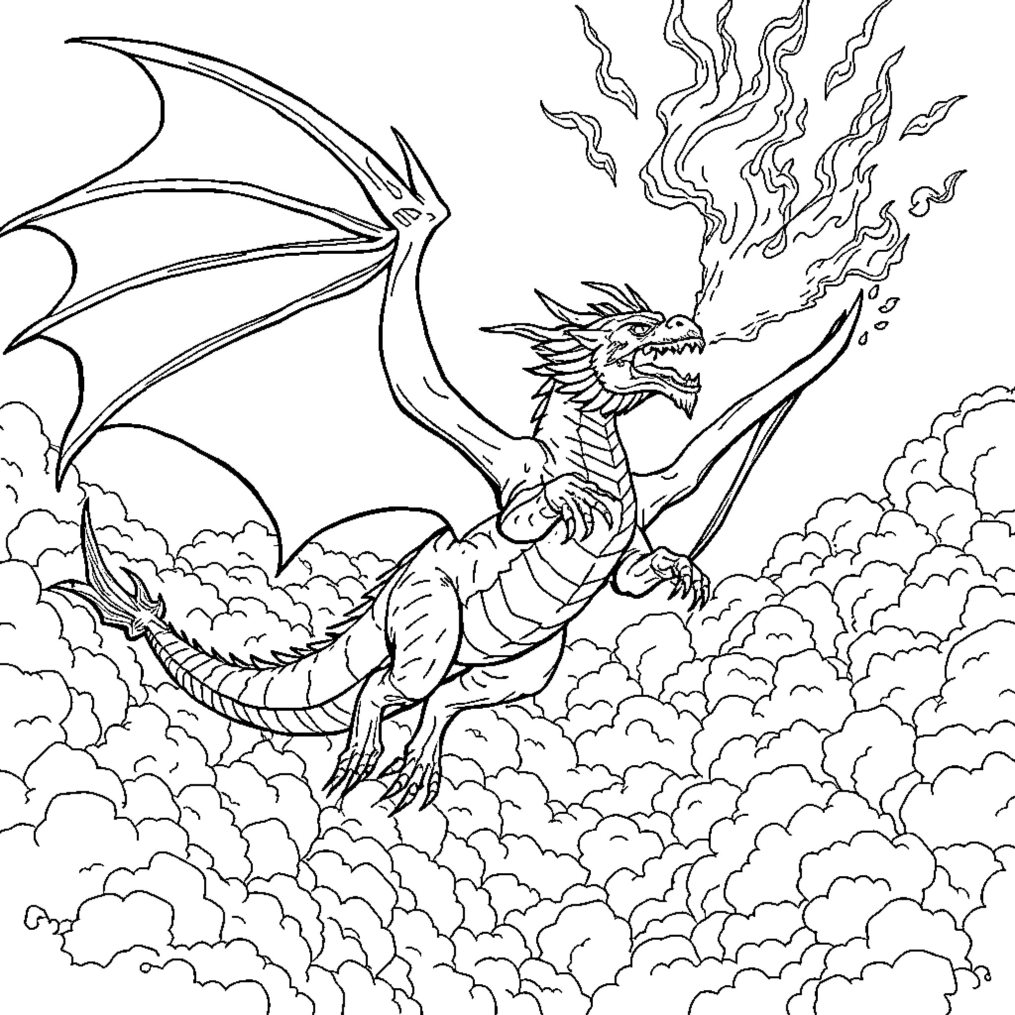 Dragon soaring through the clouds Coloring Page (free black-and-white line drawing printable PDF for all, from beginners to advanced learners, including children, teens, adults, and seniors)