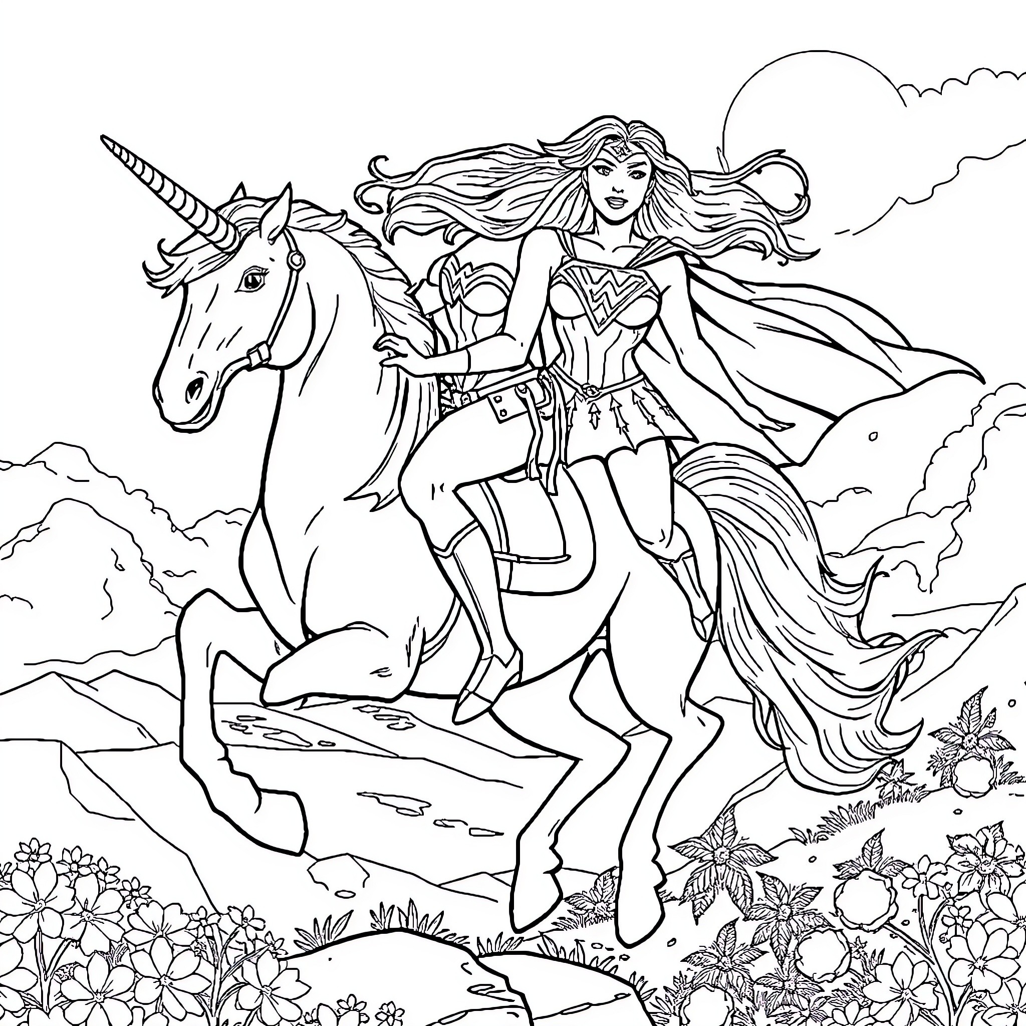 Wonder Woman riding a majestic unicorn in a fantastical landscape Coloring Page (free black-and-white line drawing printable PDF for all, from beginners to advanced learners, including children, teens, adults, and seniors)