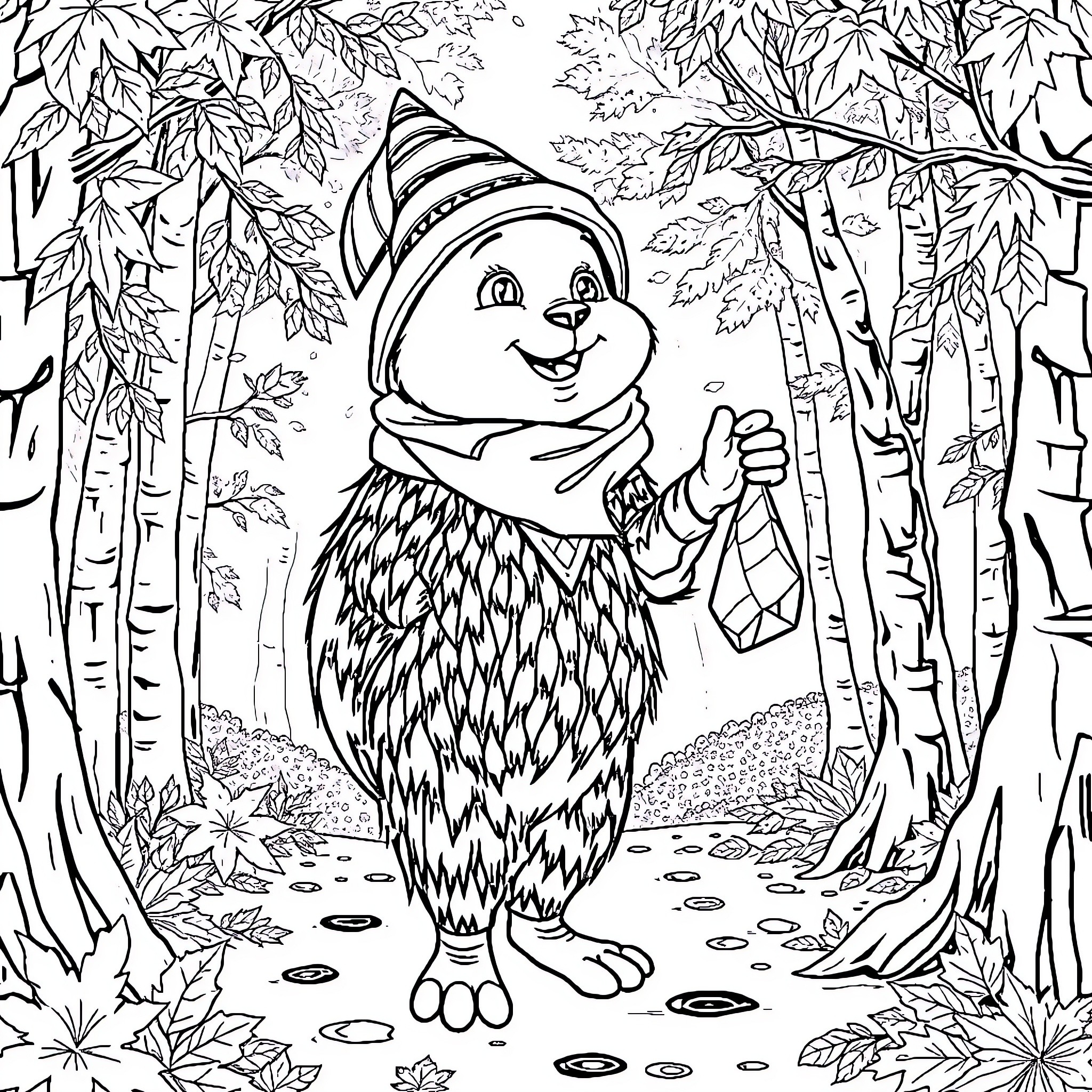 Lutin playing happily in the forest Coloring Page (free black-and-white line drawing printable PDF for all, from beginners to advanced learners, including children, teens, adults, and seniors)