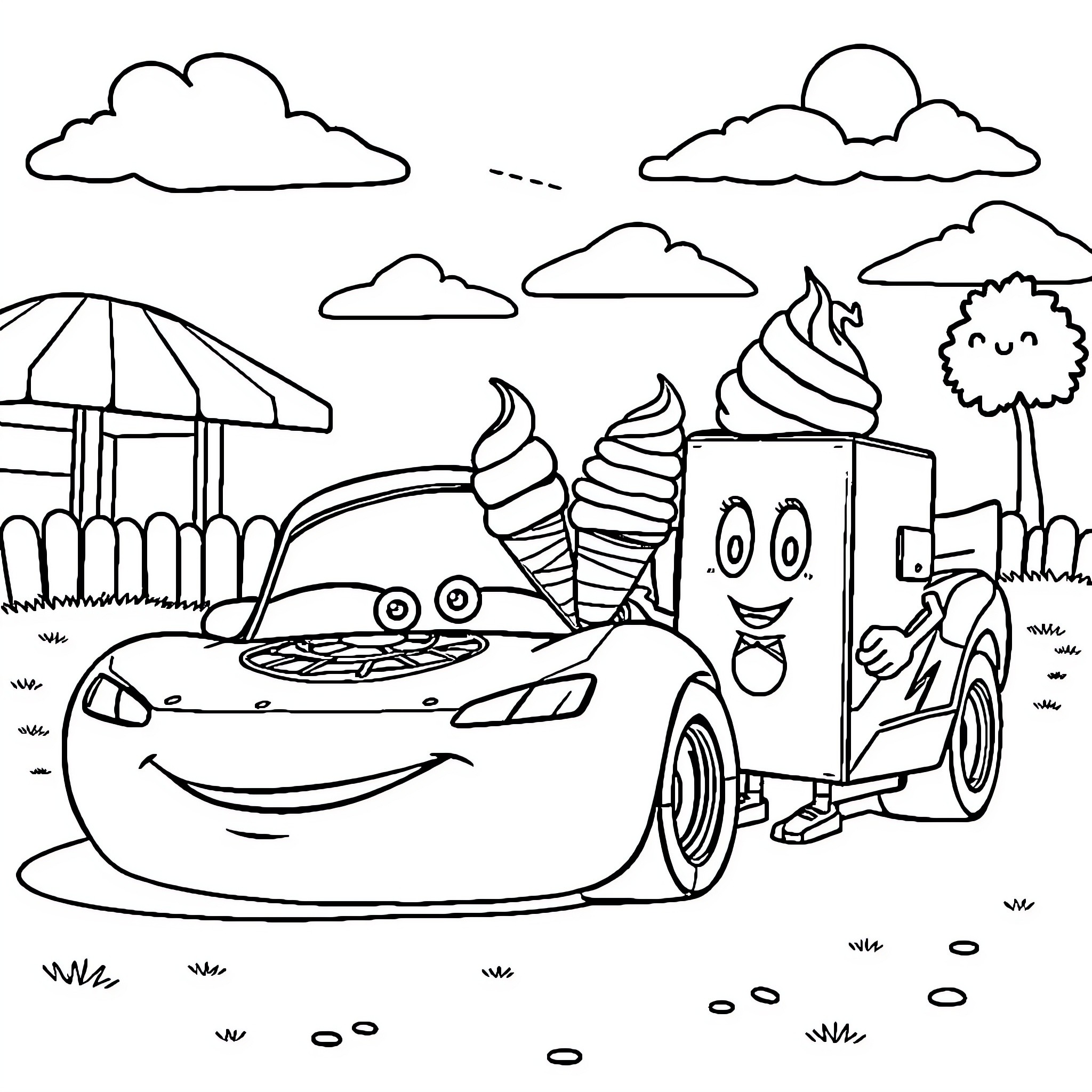 Lightning McQueen enjoying a day at the carnival Coloring Page (free black-and-white line drawing printable PDF for all, from beginners to advanced learners, including children, teens, adults, and seniors)
