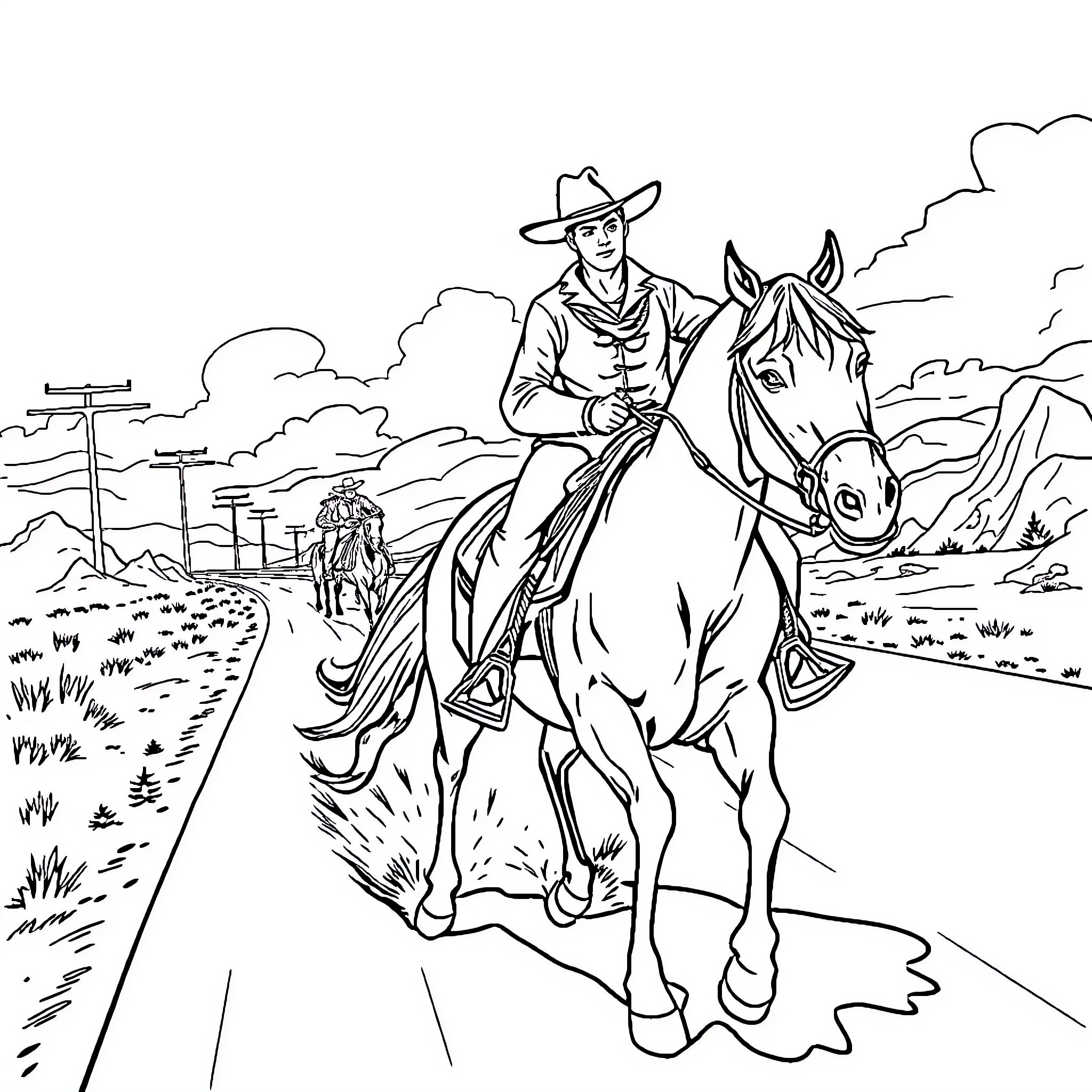 Cowboy riding horse through rugged countryside Coloring Page (free black-and-white line drawing printable PDF for all, from beginners to advanced learners, including children, teens, adults, and seniors)