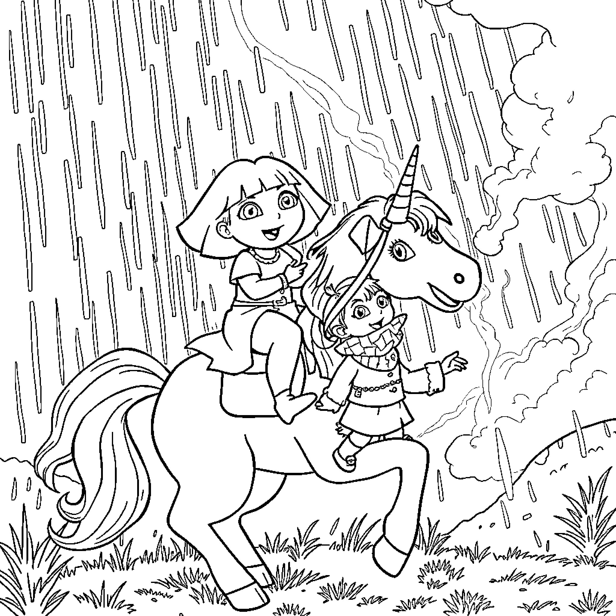 Dora and Boots riding unicorn in the rain Coloring Page (free black-and-white line drawing printable PDF for all, from beginners to advanced learners, including children, teens, adults, and seniors)