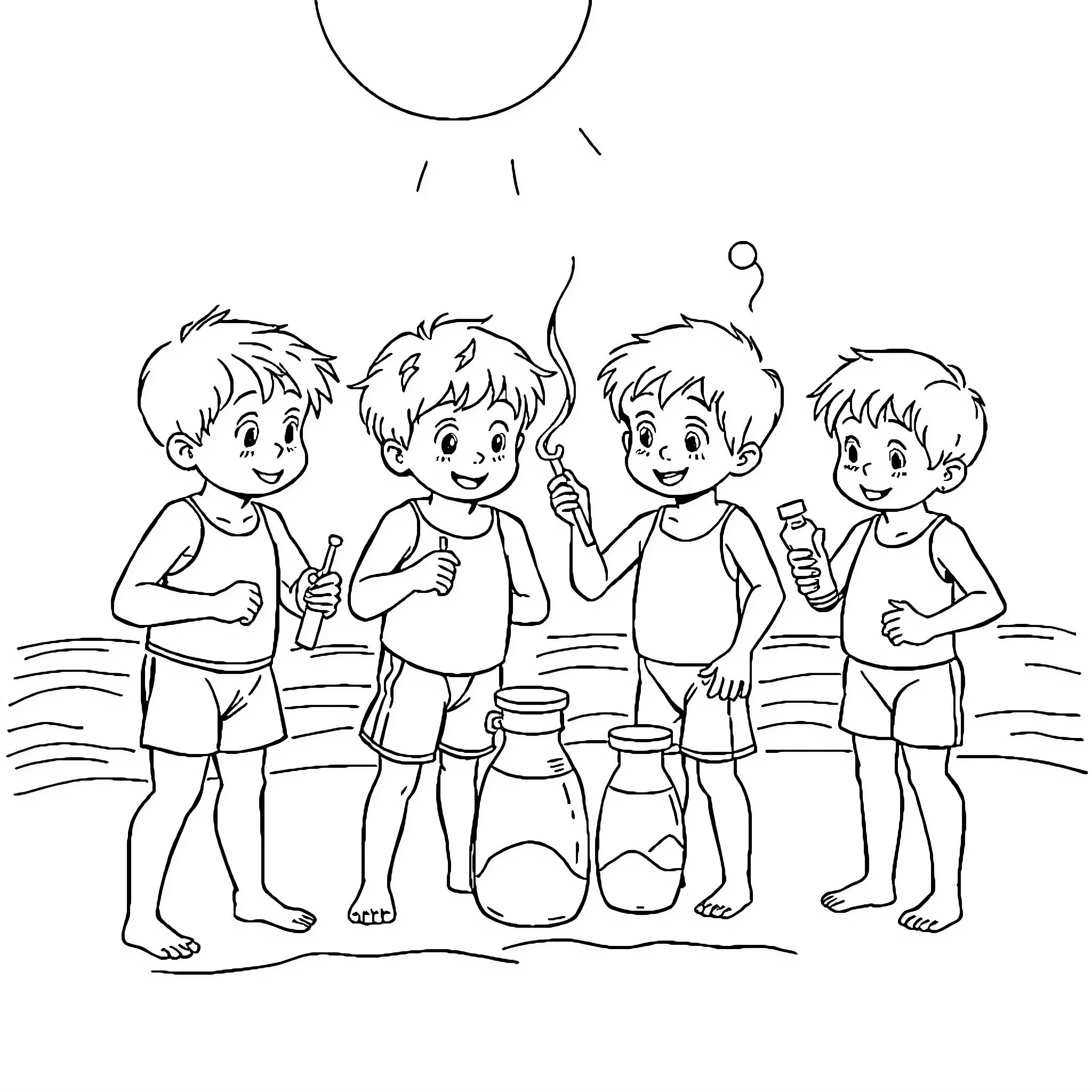 Child playing with friends on the beach Coloring Page (free black-and-white line drawing printable PDF for all, from beginners to advanced learners, including children, teens, adults, and seniors)