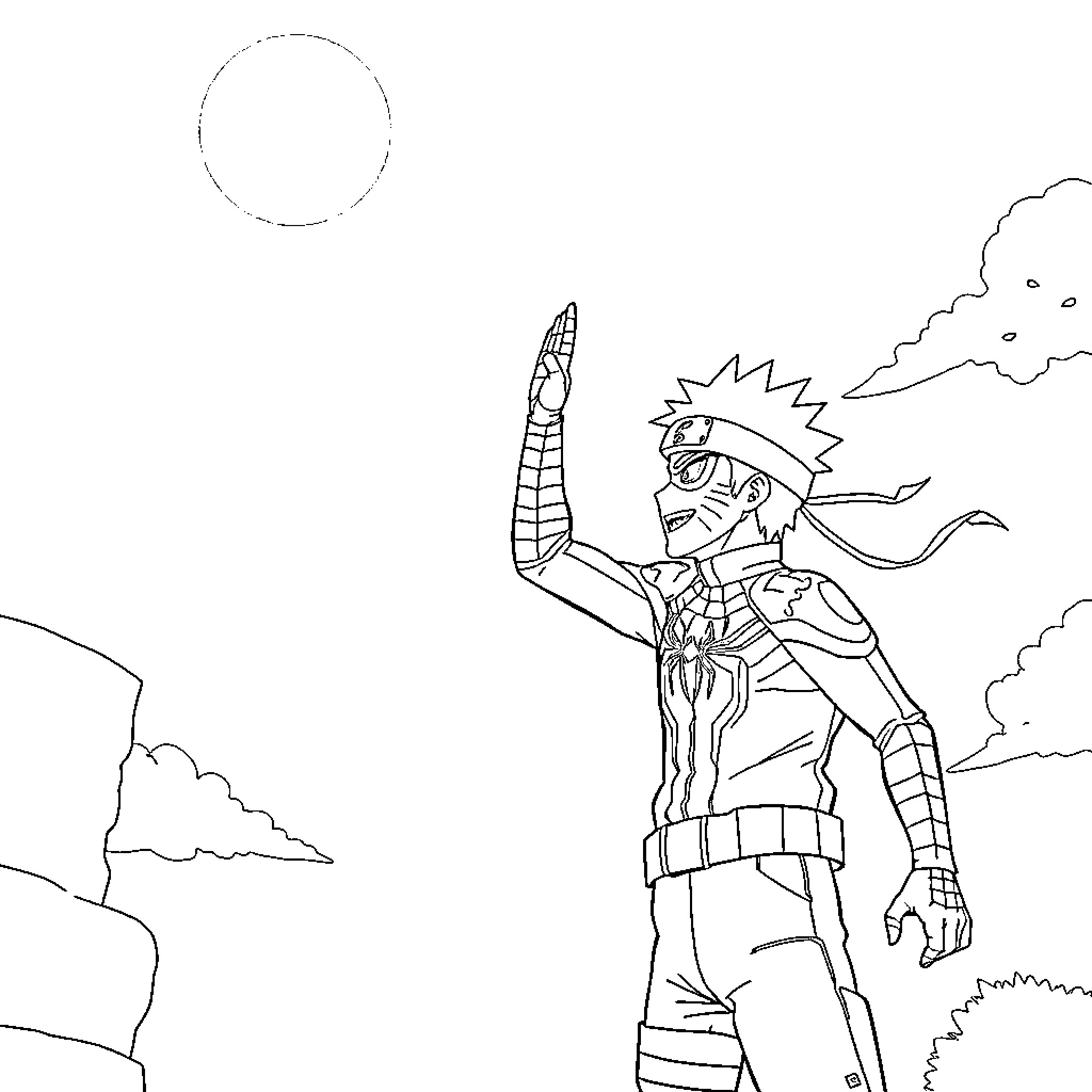 Naruto in heroic pose against dramatic backdrop Coloring Page (free black-and-white line drawing printable PDF for all, from beginners to advanced learners, including children, teens, adults, and seniors)