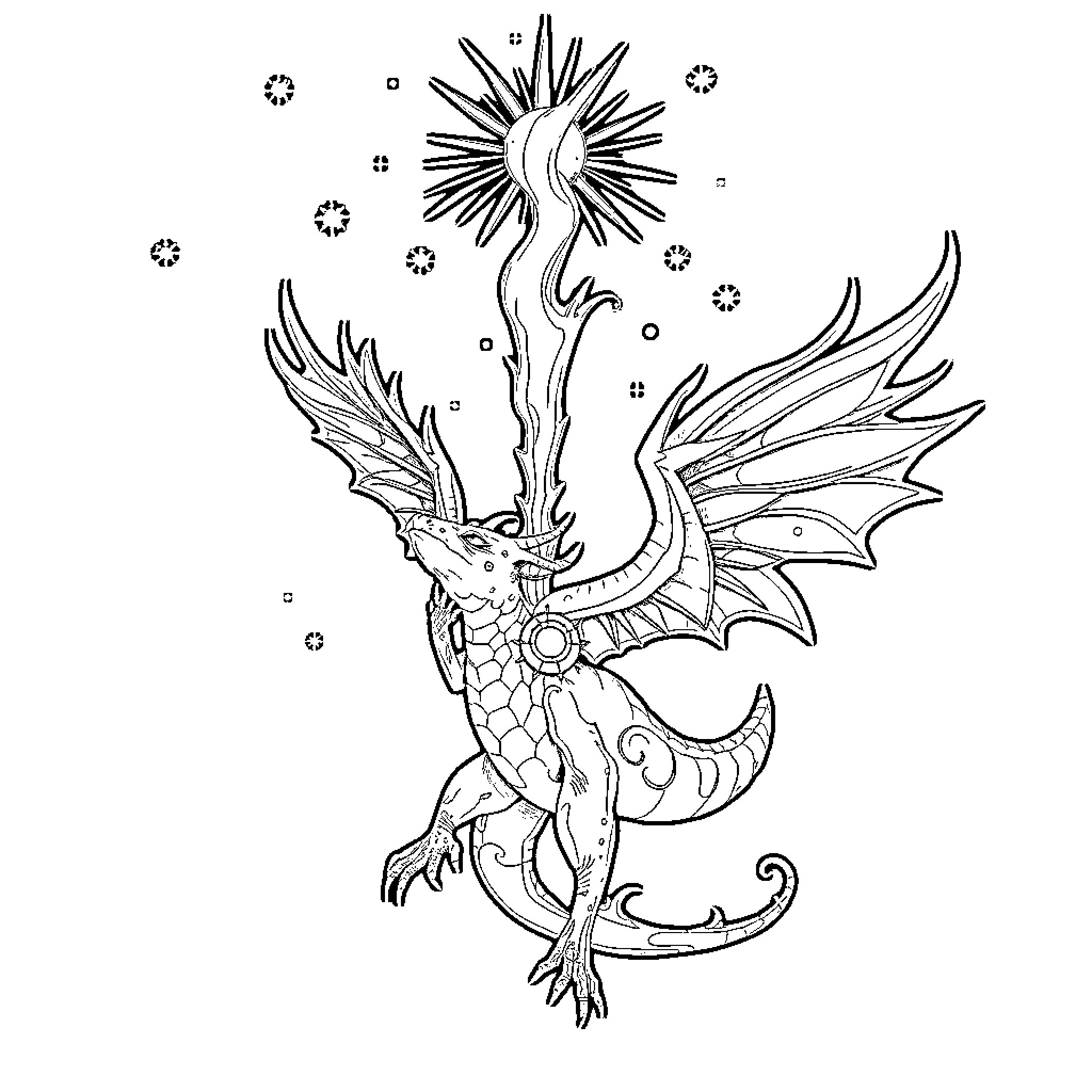 Creature with fantastical wings and magical aura Coloring Page (free black-and-white line drawing printable PDF for all, from beginners to advanced learners, including children, teens, adults, and seniors)