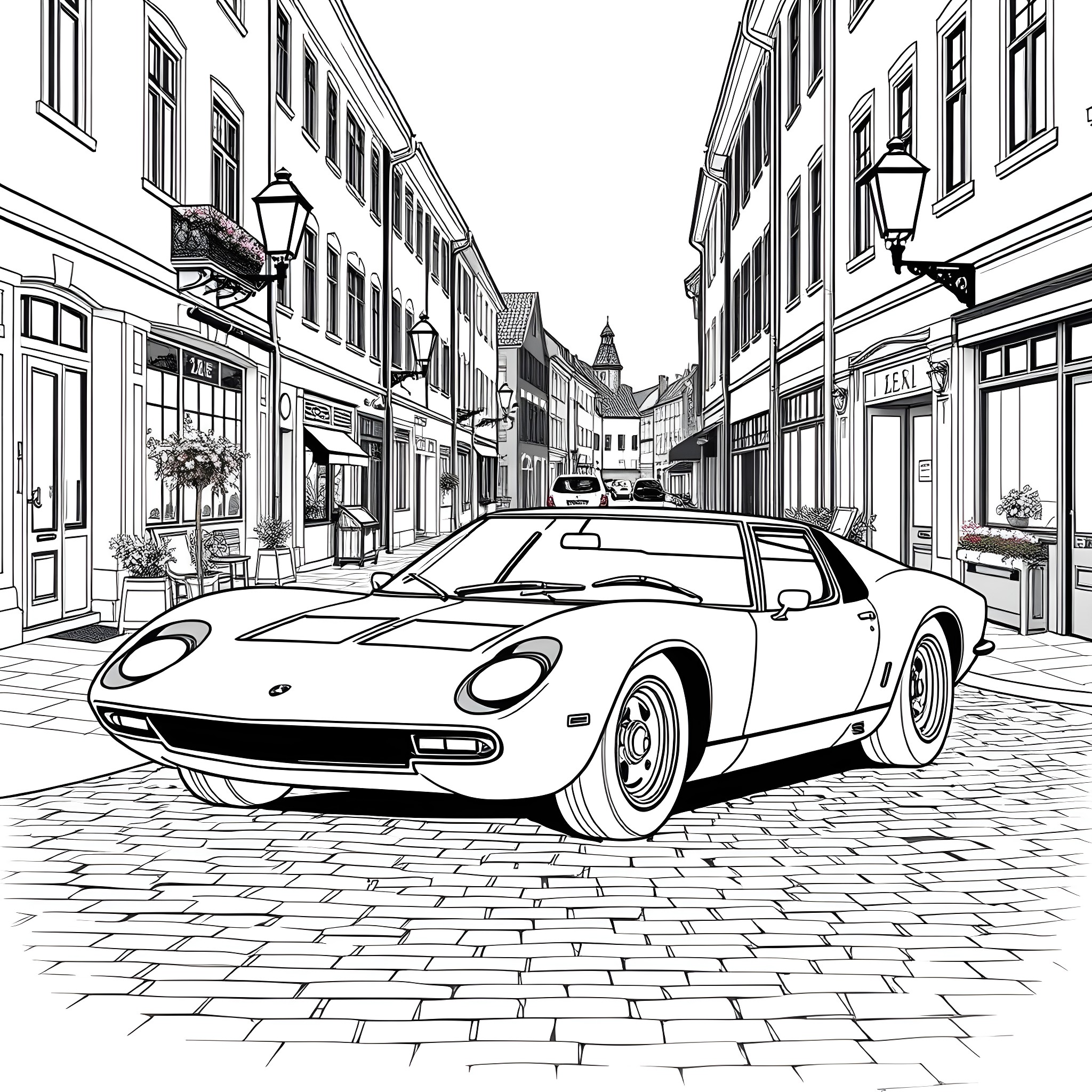 Lamborghini sports car on a cobblestone street Coloring Page (free black-and-white line drawing printable PDF for all, from beginners to advanced learners, including children, teens, adults, and seniors)