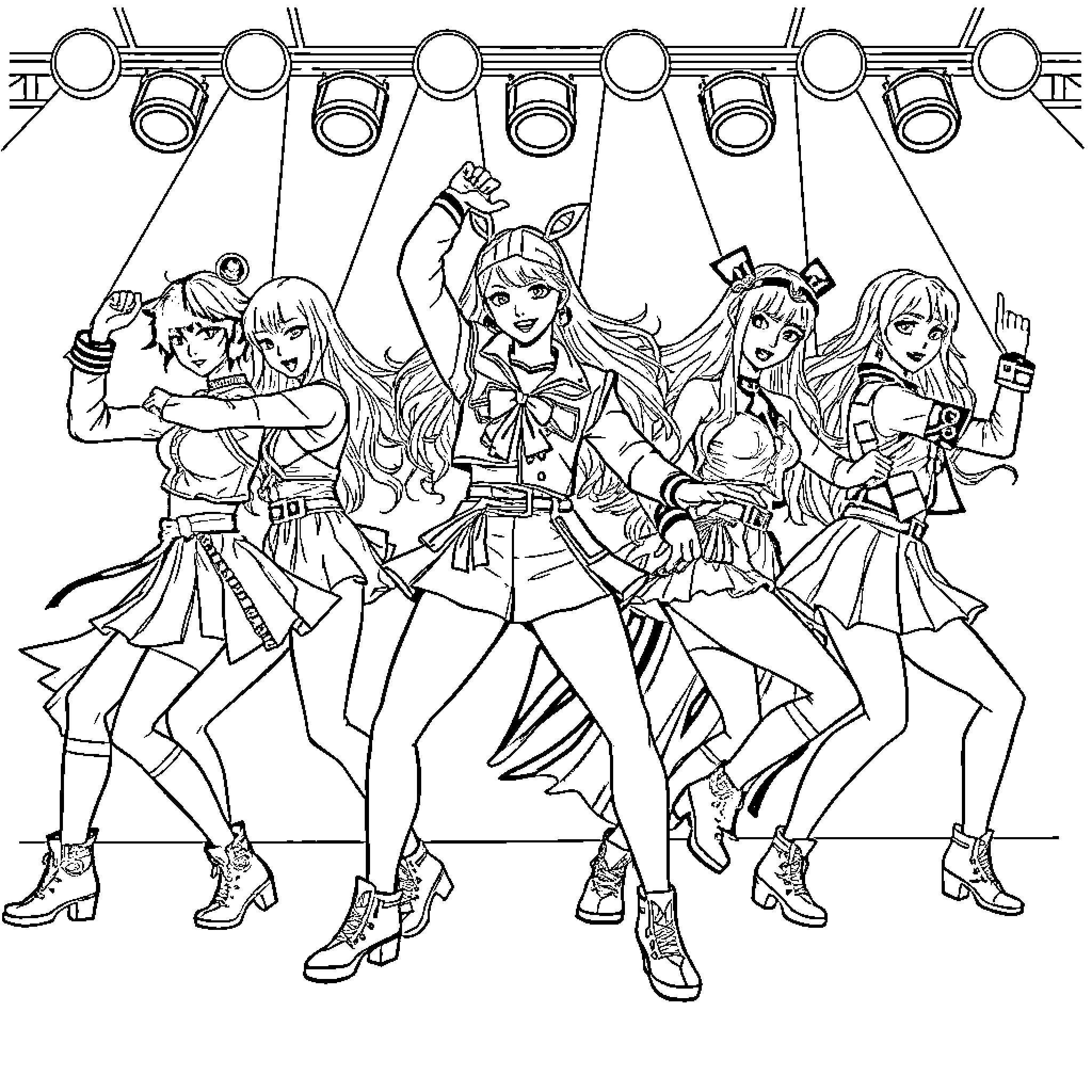 Warrior Performers Dancing Energetically on Stage Coloring Page (free black-and-white line drawing printable PDF for all, from beginners to advanced learners, including children, teens, adults, and seniors)