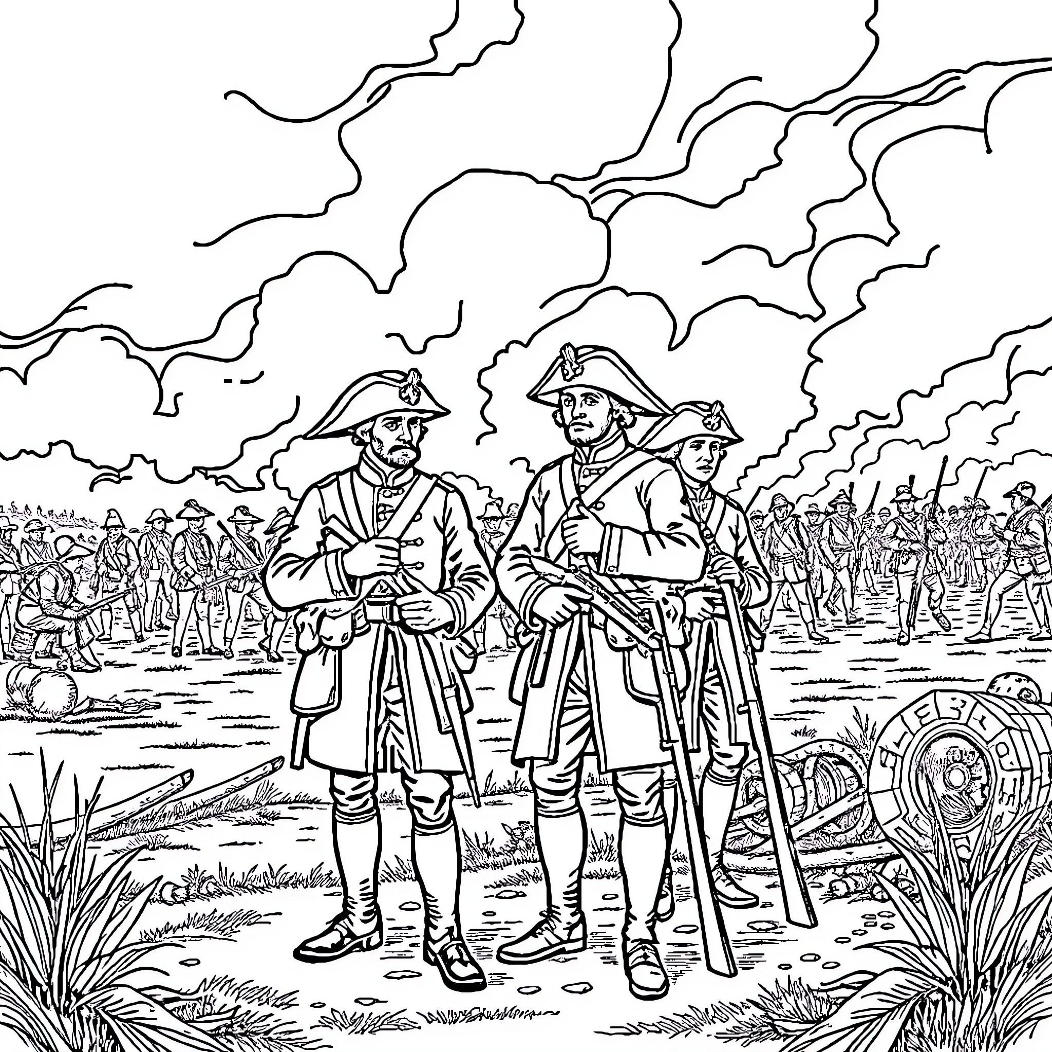 Soldiers standing on a battlefield with artillery Coloring Page (free black-and-white line drawing printable PDF for all, from beginners to advanced learners, including children, teens, adults, and seniors)