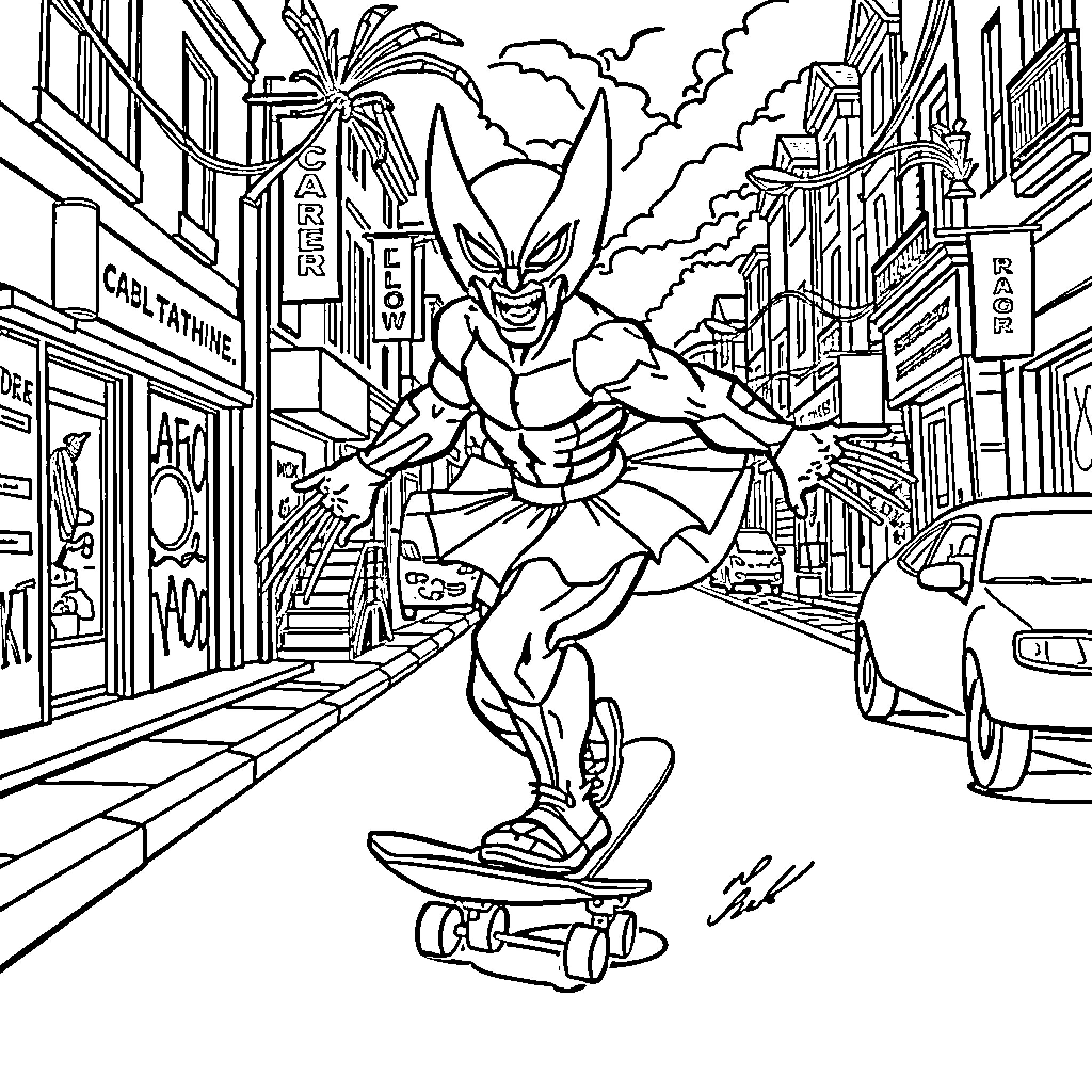 Wolverine Skateboarding Through the City Streets Coloring Page (free black-and-white line drawing printable PDF for all, from beginners to advanced learners, including children, teens, adults, and seniors)