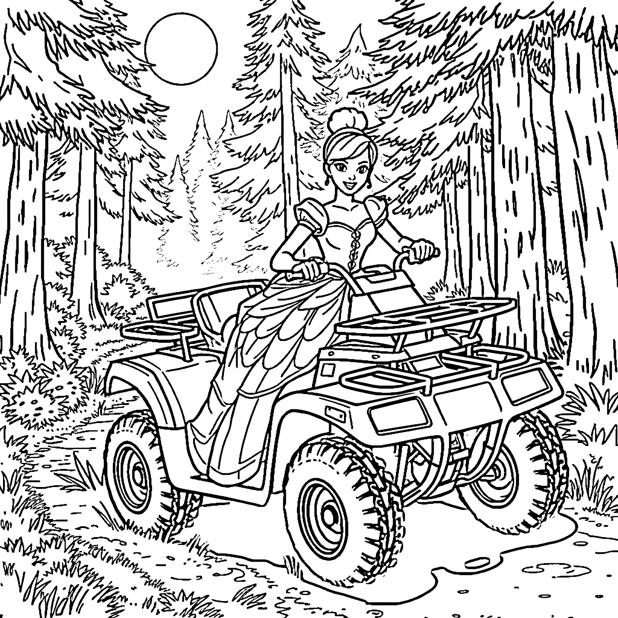 Cinderella's Outdoor Adventure on an ATV Coloring Page (free black-and-white line drawing printable PDF for all, from beginners to advanced learners, including children, teens, adults, and seniors)