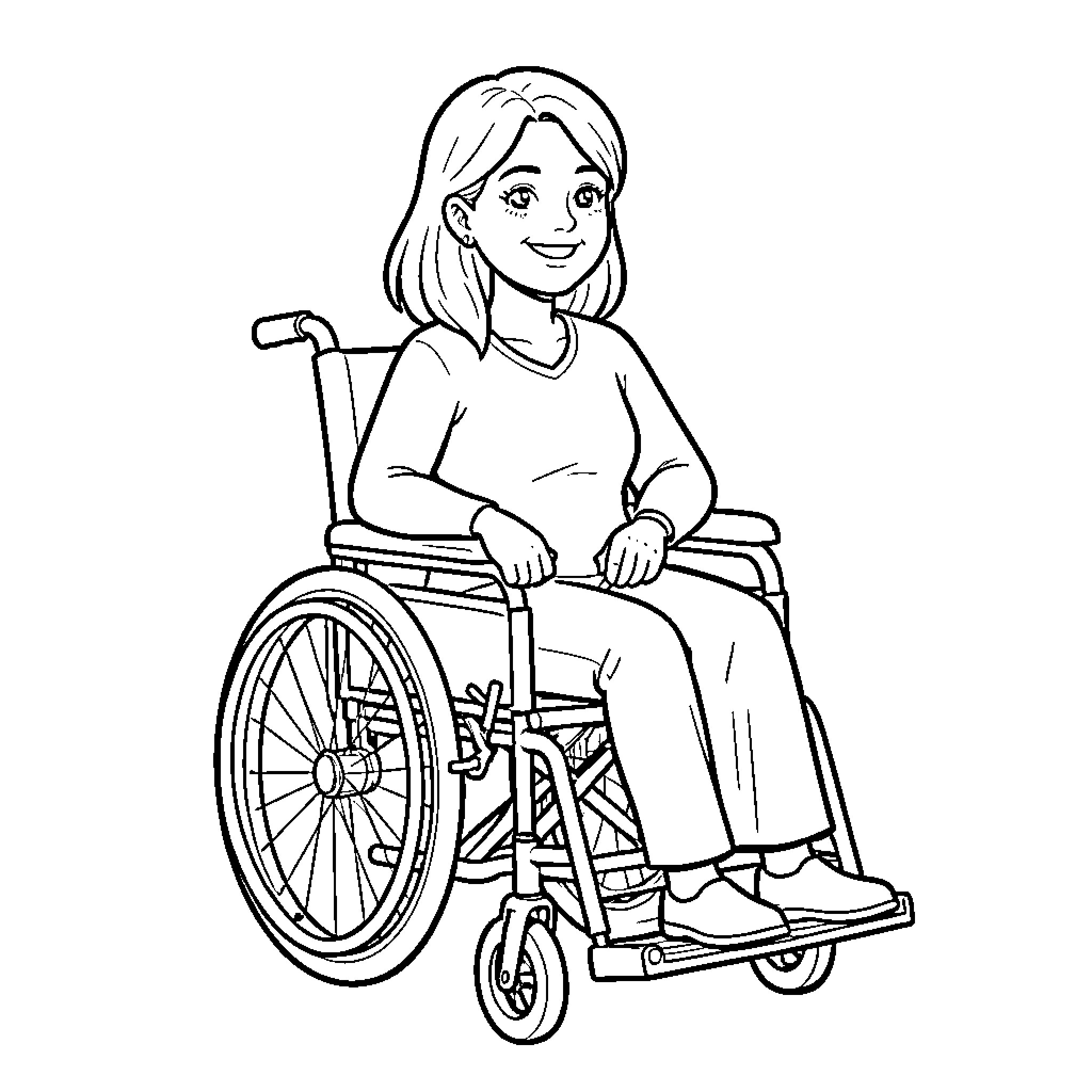 Wheelchair-bound person smiling and sitting in wheelchair Coloring Page (free black-and-white line drawing printable PDF for all, from beginners to advanced learners, including children, teens, adults, and seniors)