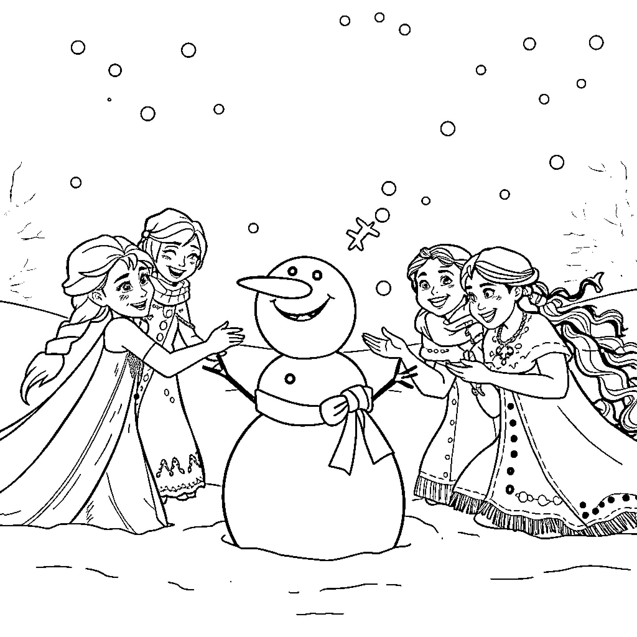 Princess and friends build a happy snowman together Coloring Page (free black-and-white line drawing printable PDF for all, from beginners to advanced learners, including children, teens, adults, and seniors)