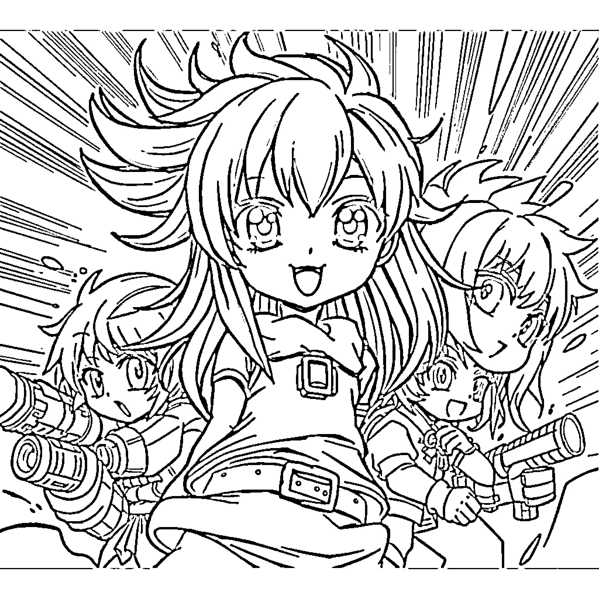 Anime Heroines in Action-Packed Adventure Coloring Page (free black-and-white line drawing printable PDF for all, from beginners to advanced learners, including children, teens, adults, and seniors)