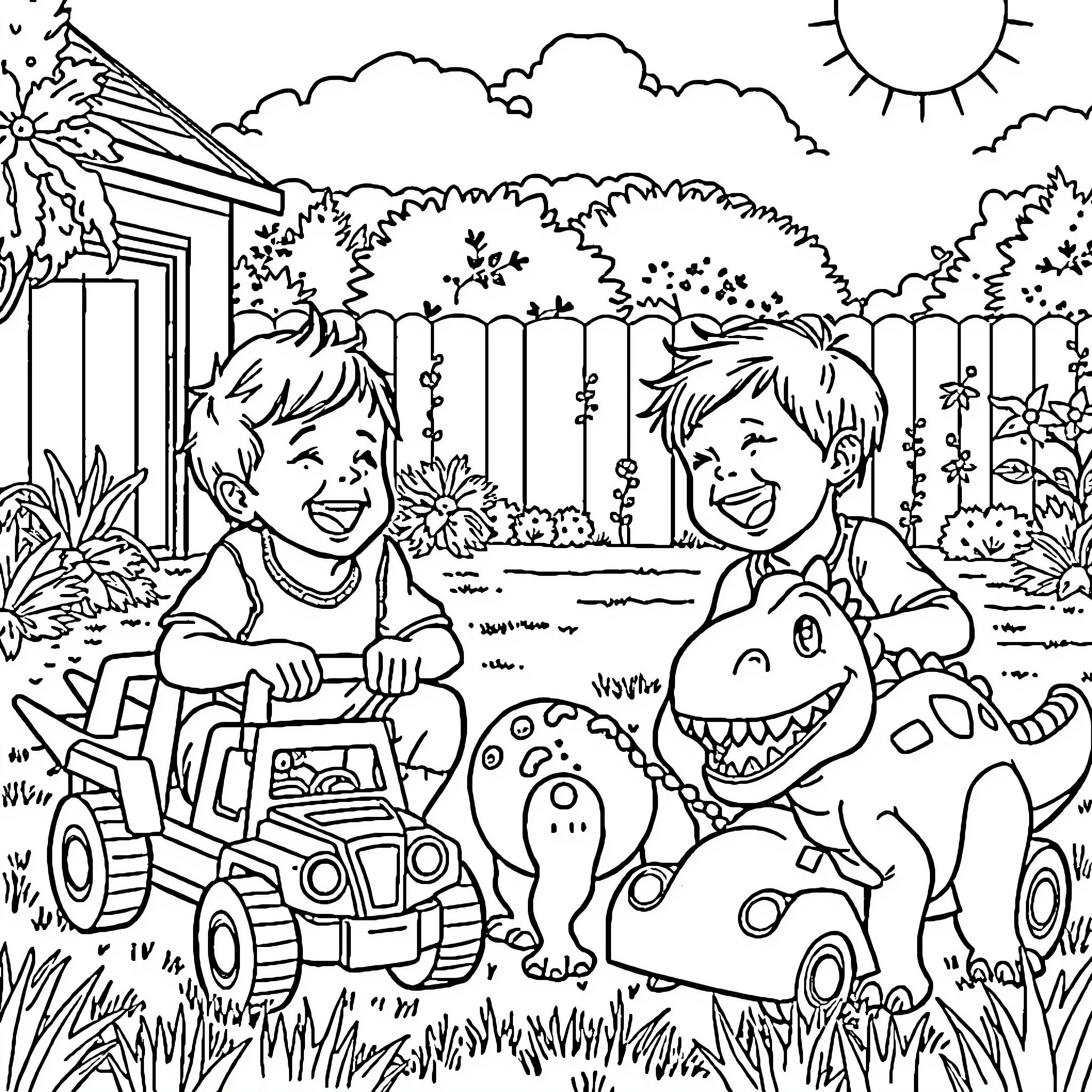 Twin Brothers Playing with Dinosaur Toy in Garden Coloring Page (free black-and-white line drawing printable PDF for all, from beginners to advanced learners, including children, teens, adults, and seniors)