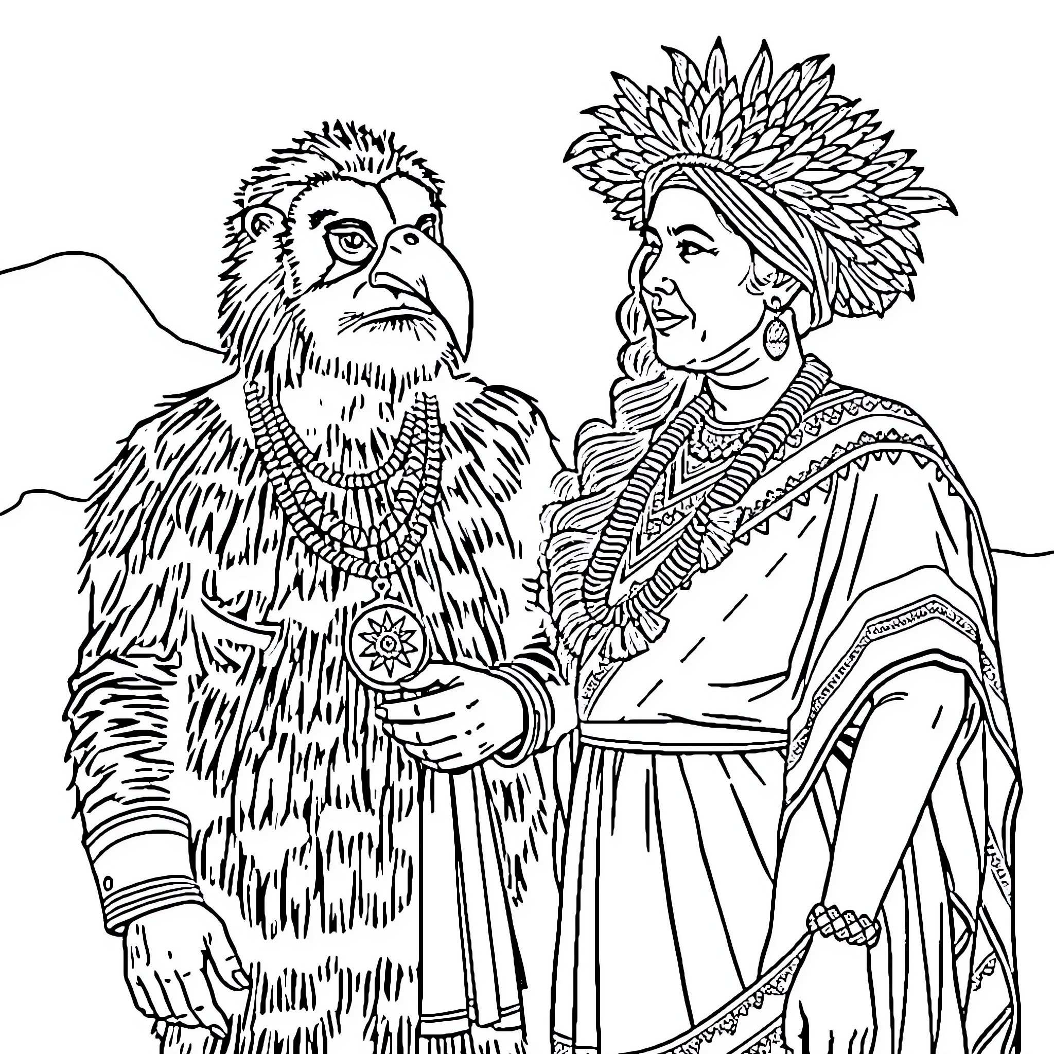 Tanus Tribal Leaders in Traditional Attire Coloring Page (free black-and-white line drawing printable PDF for all, from beginners to advanced learners, including children, teens, adults, and seniors)