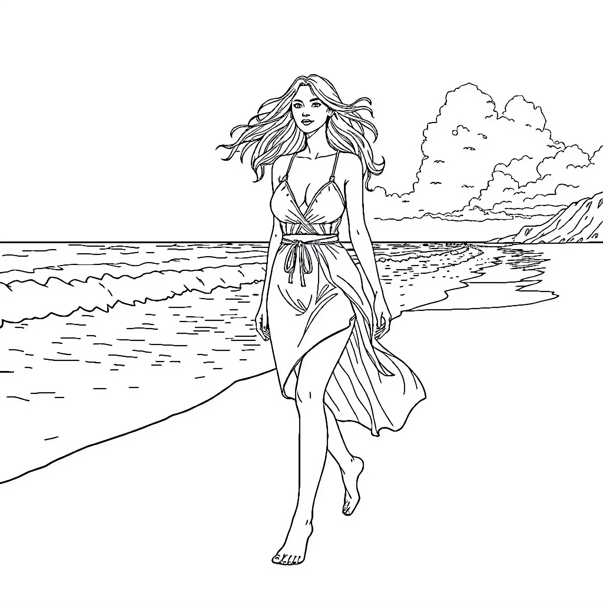 Woman walking gracefully on the beach Coloring Page (free black-and-white line drawing printable PDF for all, from beginners to advanced learners, including children, teens, adults, and seniors)