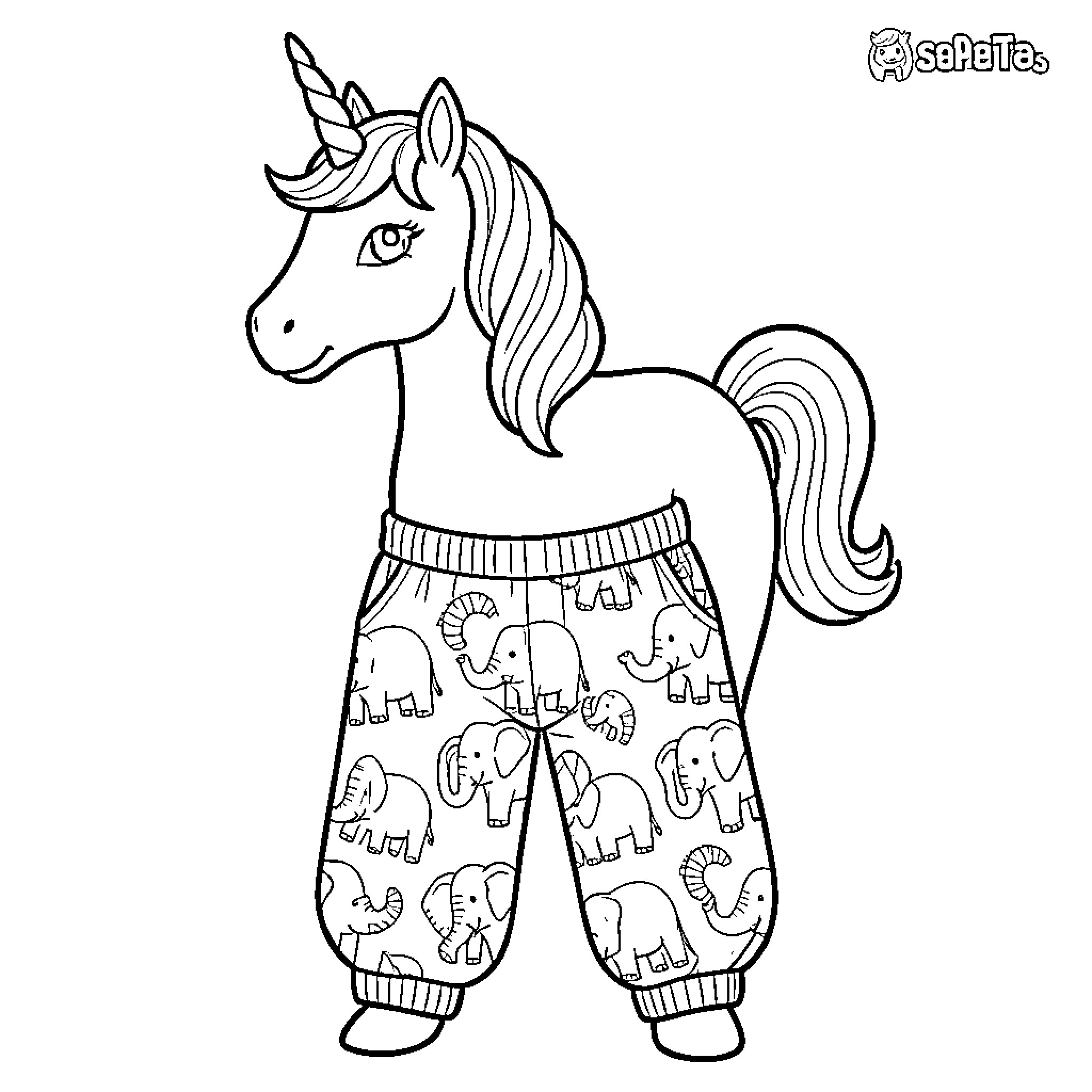 Unicorn wearing elephant patterned pants and smiling Coloring Page (free black-and-white line drawing printable PDF for all, from beginners to advanced learners, including children, teens, adults, and seniors)