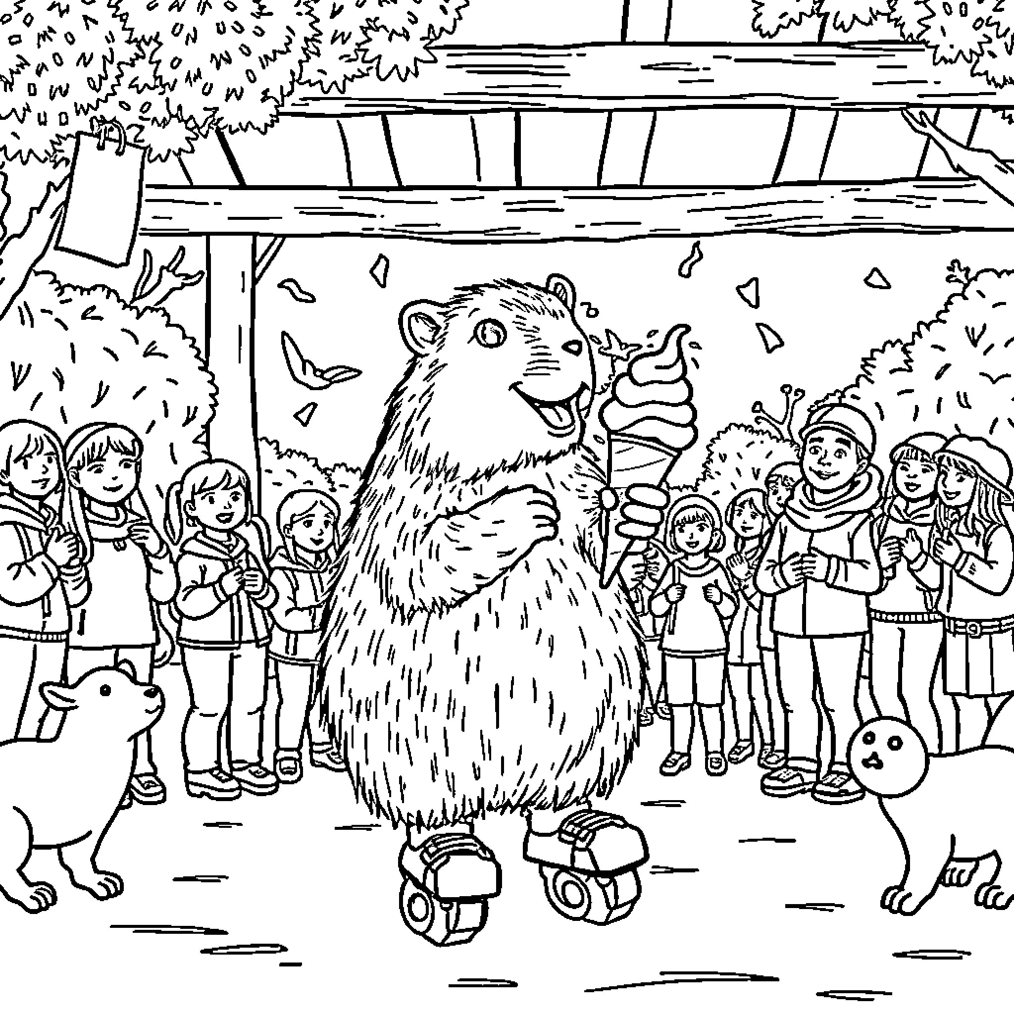 Capybara enjoying ice cream with a crowd of people Coloring Page (free black-and-white line drawing printable PDF for all, from beginners to advanced learners, including children, teens, adults, and seniors)