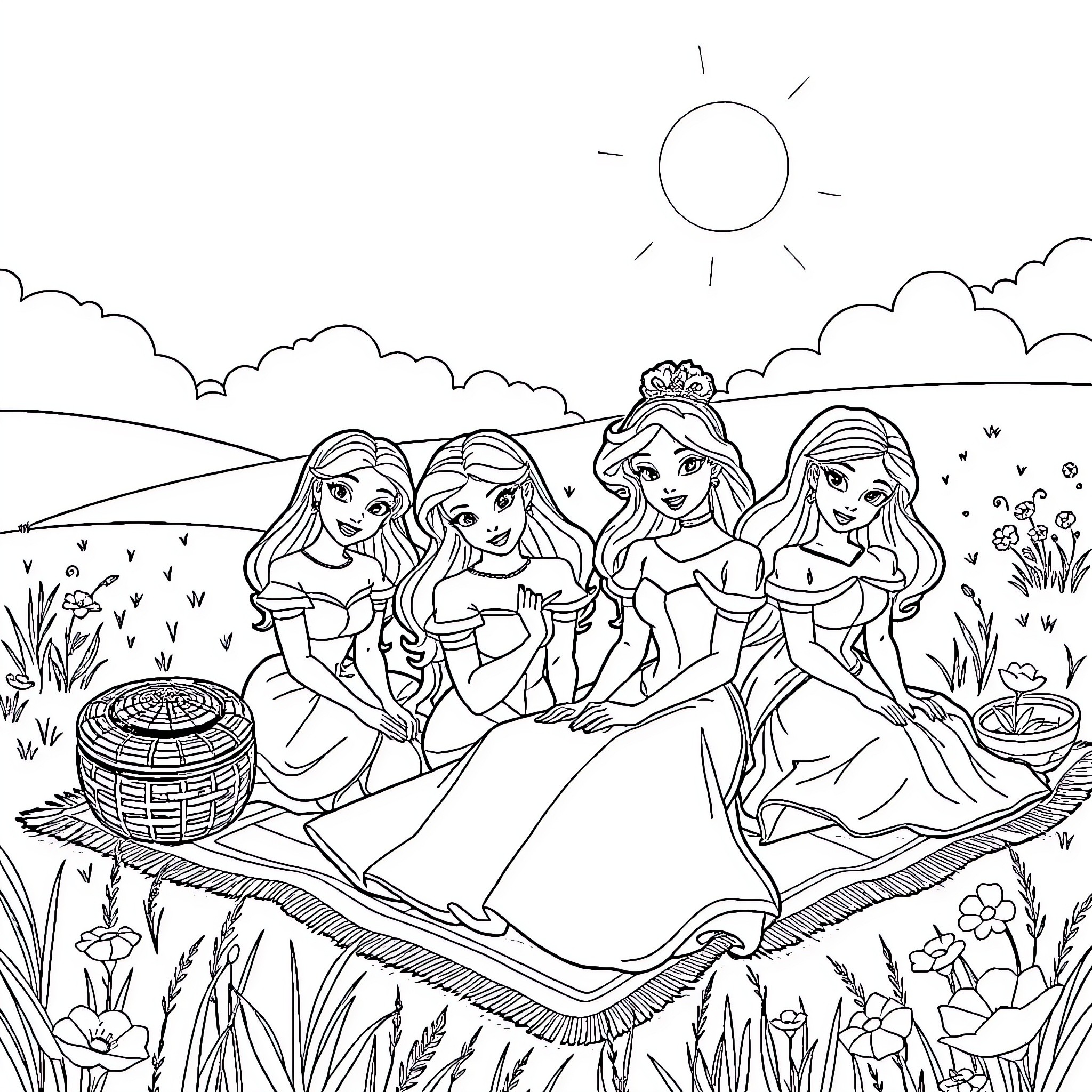Disney Princess Picnic in the Meadow Coloring Page (free black-and-white line drawing printable PDF for all, from beginners to advanced learners, including children, teens, adults, and seniors)