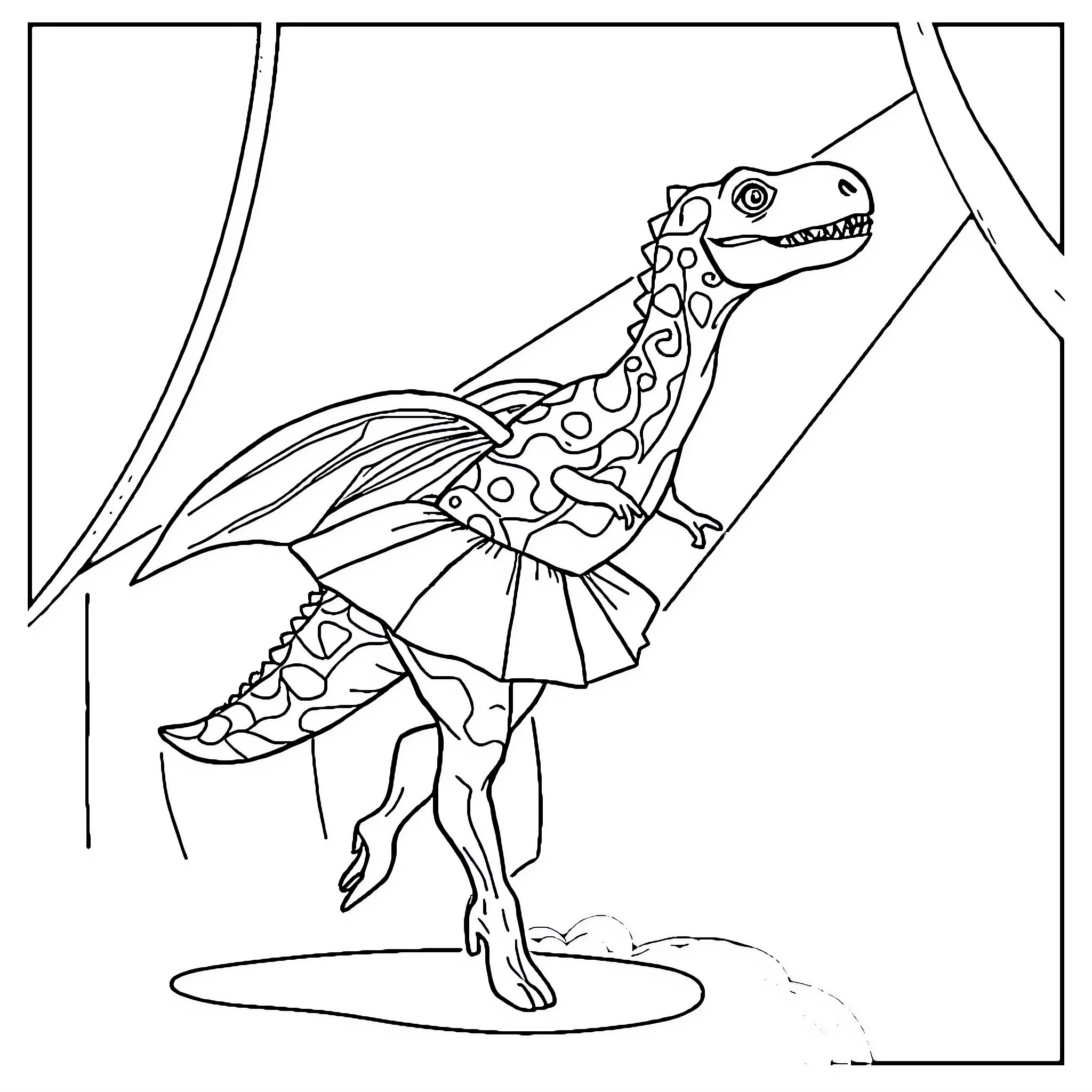 Dinosaur creature in fantastical environment Coloring Page (free black-and-white line drawing printable PDF for all, from beginners to advanced learners, including children, teens, adults, and seniors)