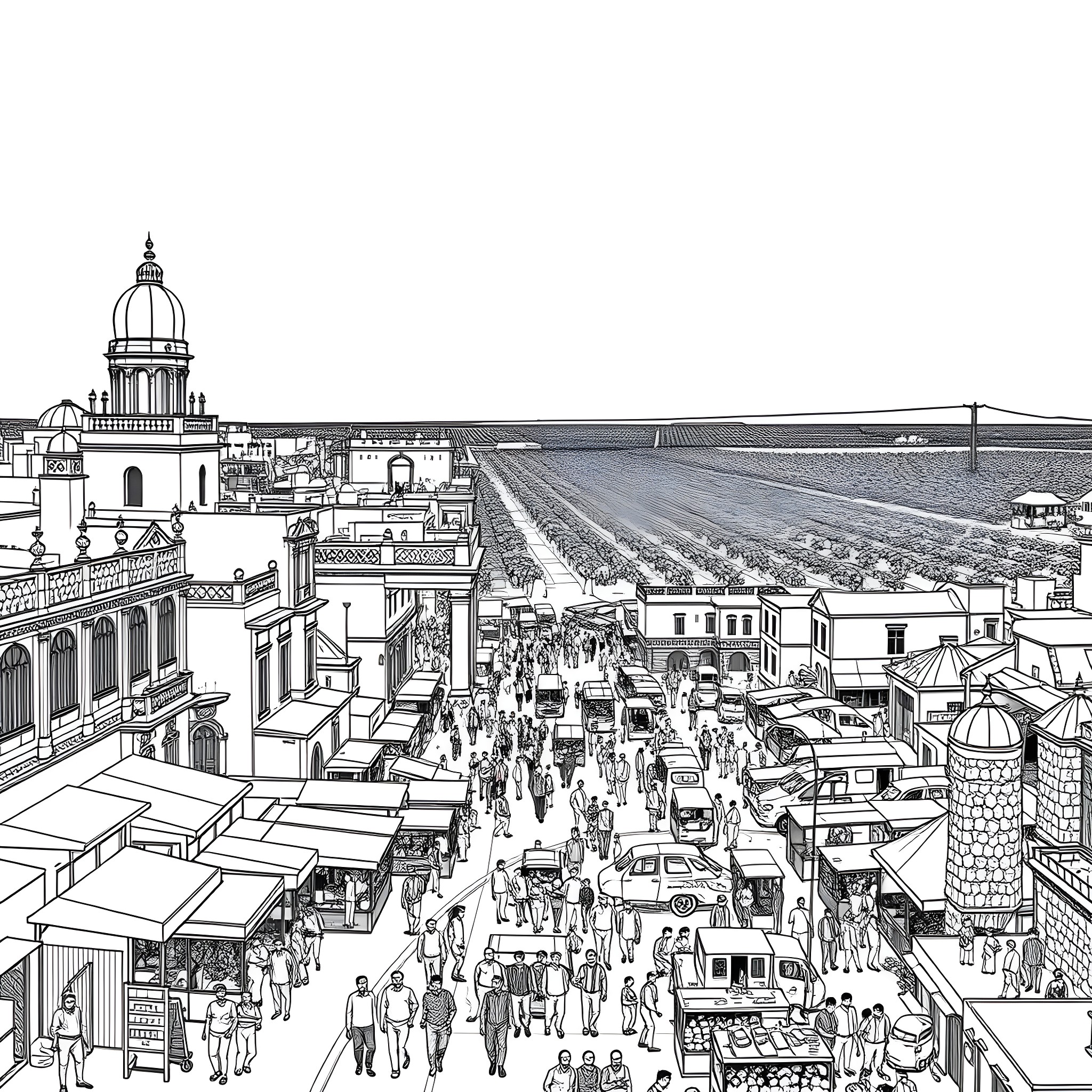 Nagpur: Bustling city streets with market stalls and architecture Coloring Page (free black-and-white line drawing printable PDF for all, from beginners to advanced learners, including children, teens, adults, and seniors)