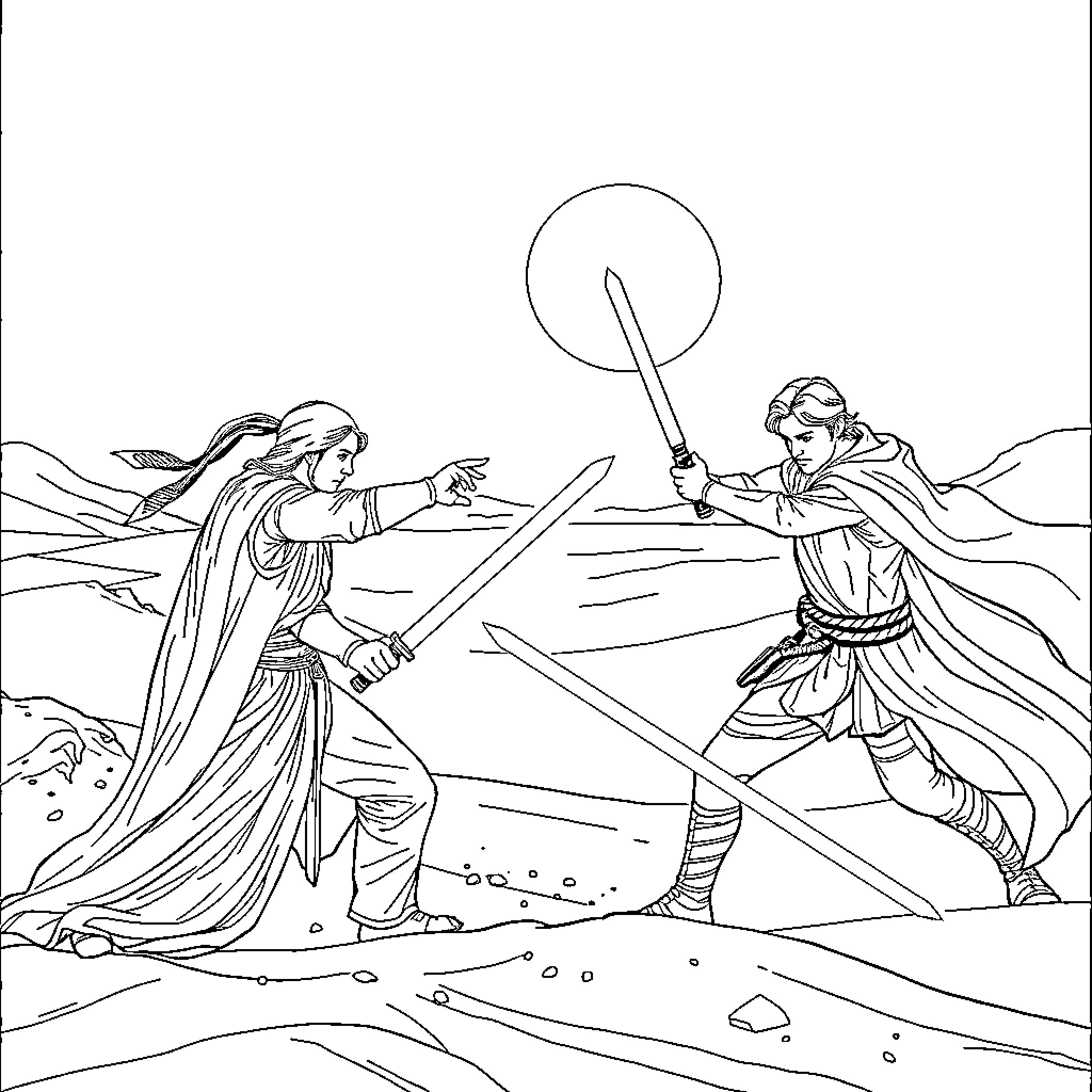 Paul Atreides battles a fierce opponent in the desert Coloring Page (free black-and-white line drawing printable PDF for all, from beginners to advanced learners, including children, teens, adults, and seniors)