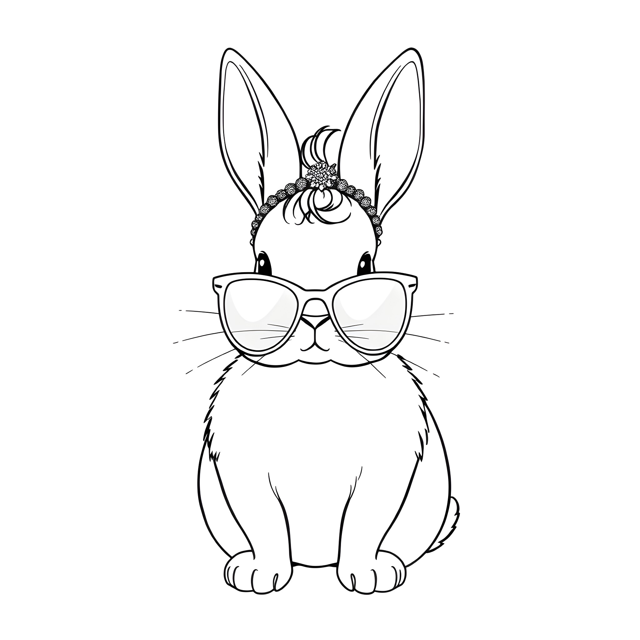 Rabbit wearing stylish glasses and floral crown Coloring Page (free black-and-white line drawing printable PDF for all, from beginners to advanced learners, including children, teens, adults, and seniors)