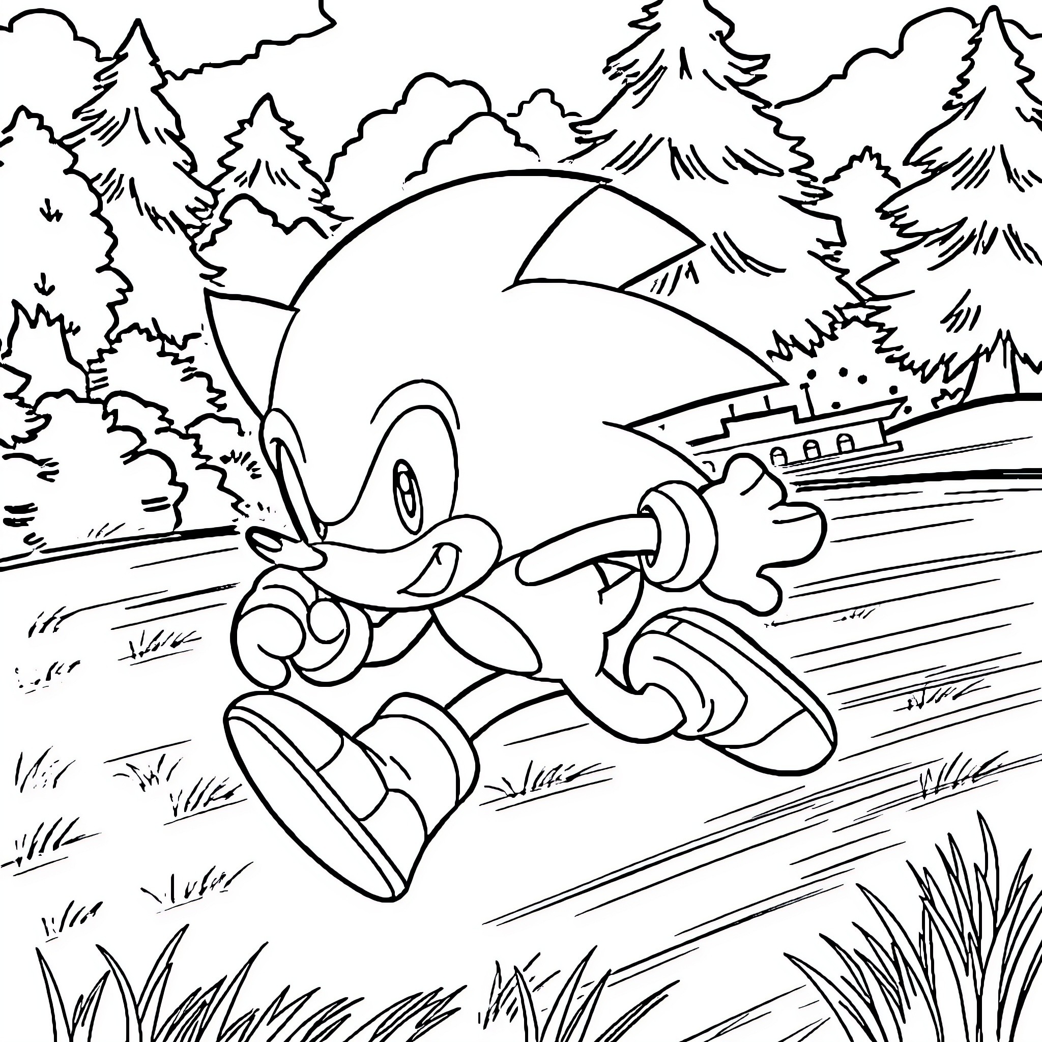 Sonic running through the forest landscape Coloring Page (free black-and-white line drawing printable PDF for all, from beginners to advanced learners, including children, teens, adults, and seniors)