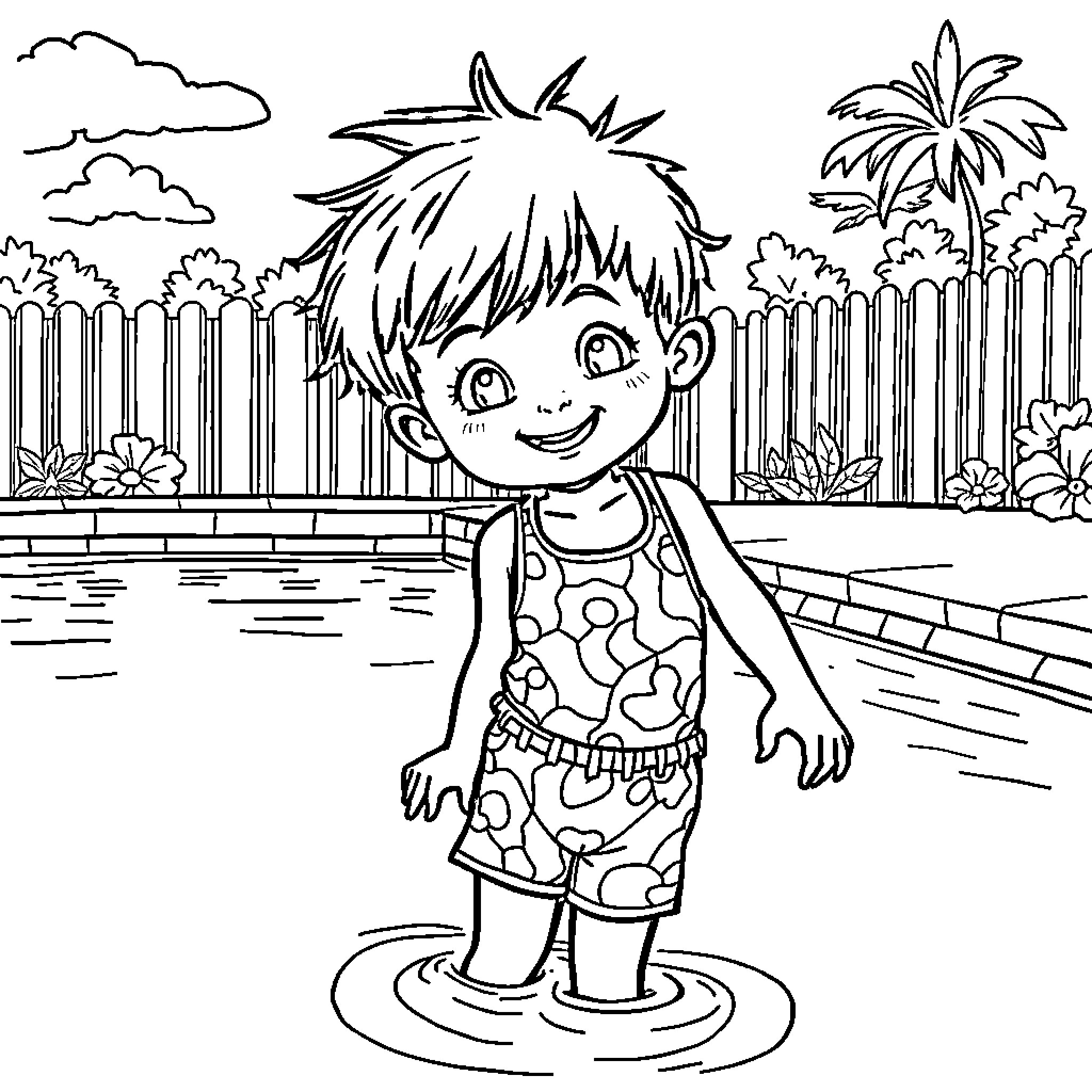 Child enjoying pool on tropical vacation Coloring Page (free black-and-white line drawing printable PDF for all, from beginners to advanced learners, including children, teens, adults, and seniors)