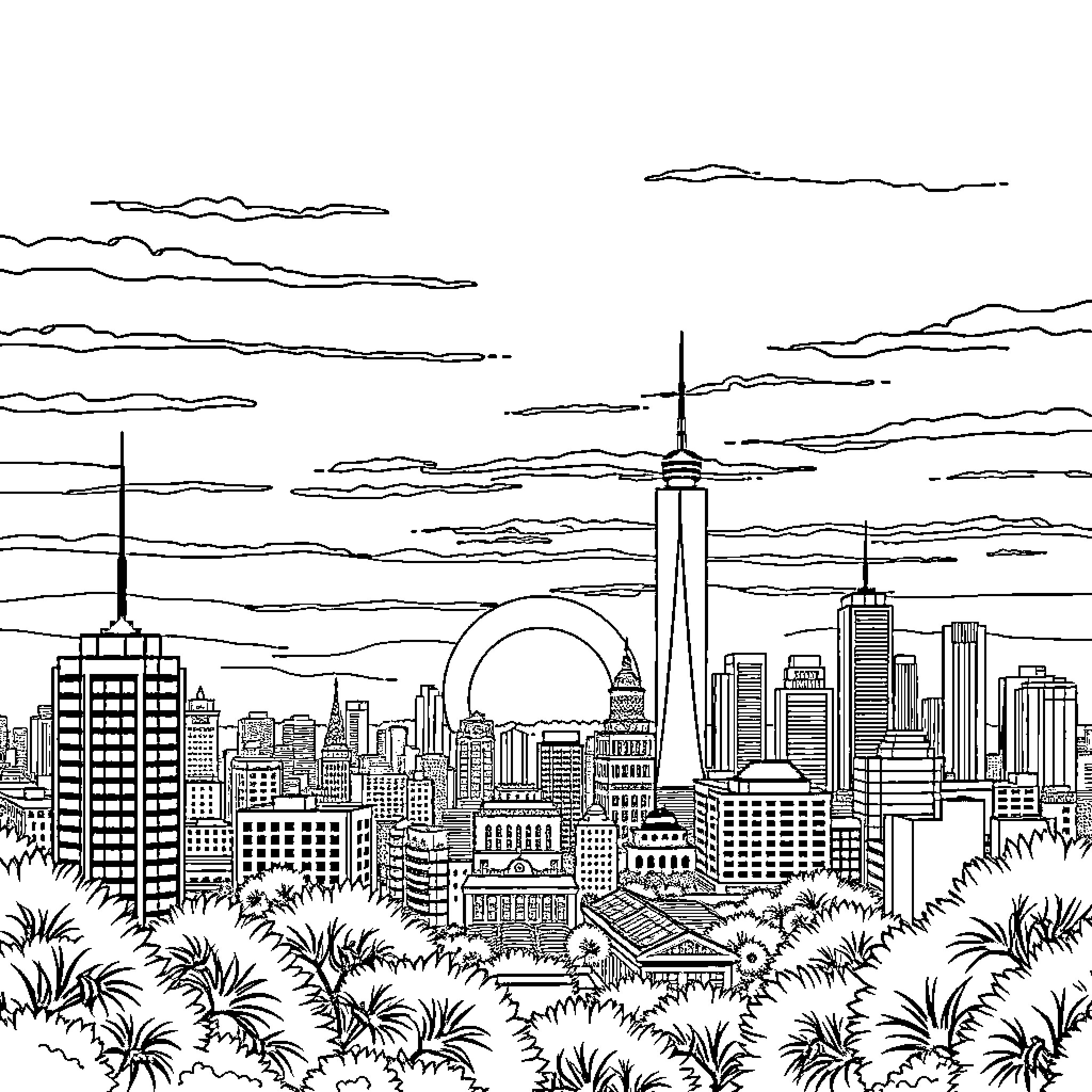 Sunset Cityscape with Tall Buildings and Clouds Coloring Page (free black-and-white line drawing printable PDF for all, from beginners to advanced learners, including children, teens, adults, and seniors)