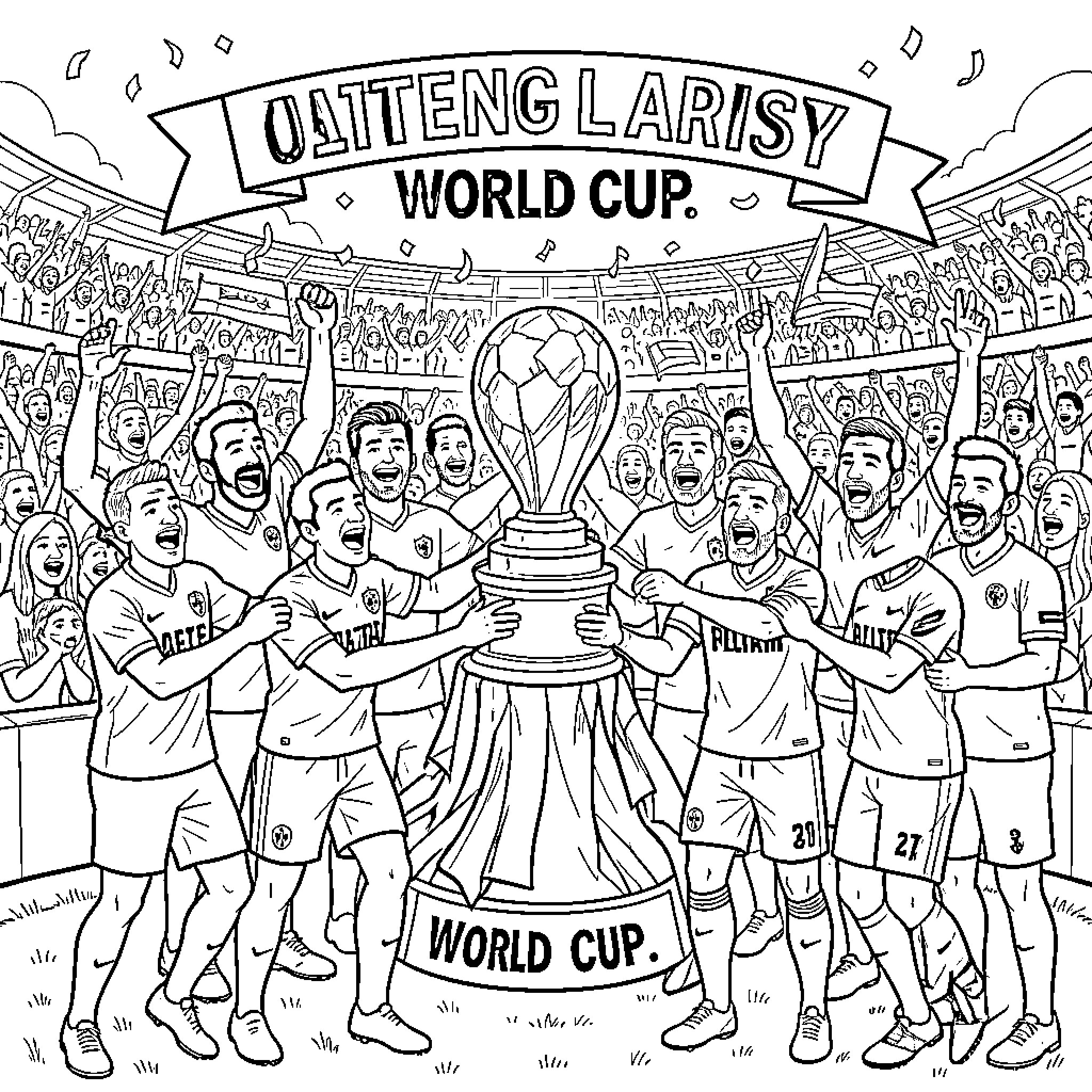 Palestine celebrating a victory with a trophy Coloring Page (free black-and-white line drawing printable PDF for all, from beginners to advanced learners, including children, teens, adults, and seniors)