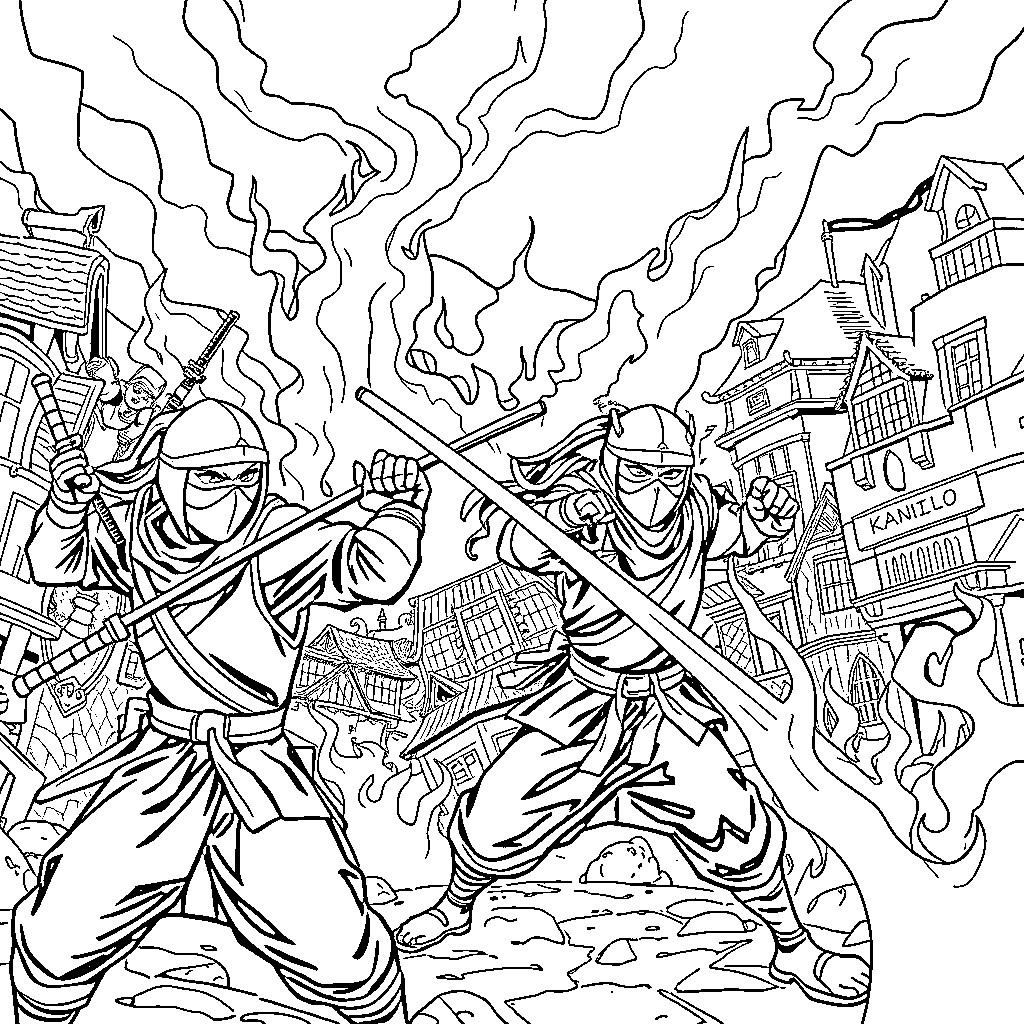 Ninja warriors engage in fierce combat in the city Coloring Page (free black-and-white line drawing printable PDF for all, from beginners to advanced learners, including children, teens, adults, and seniors)