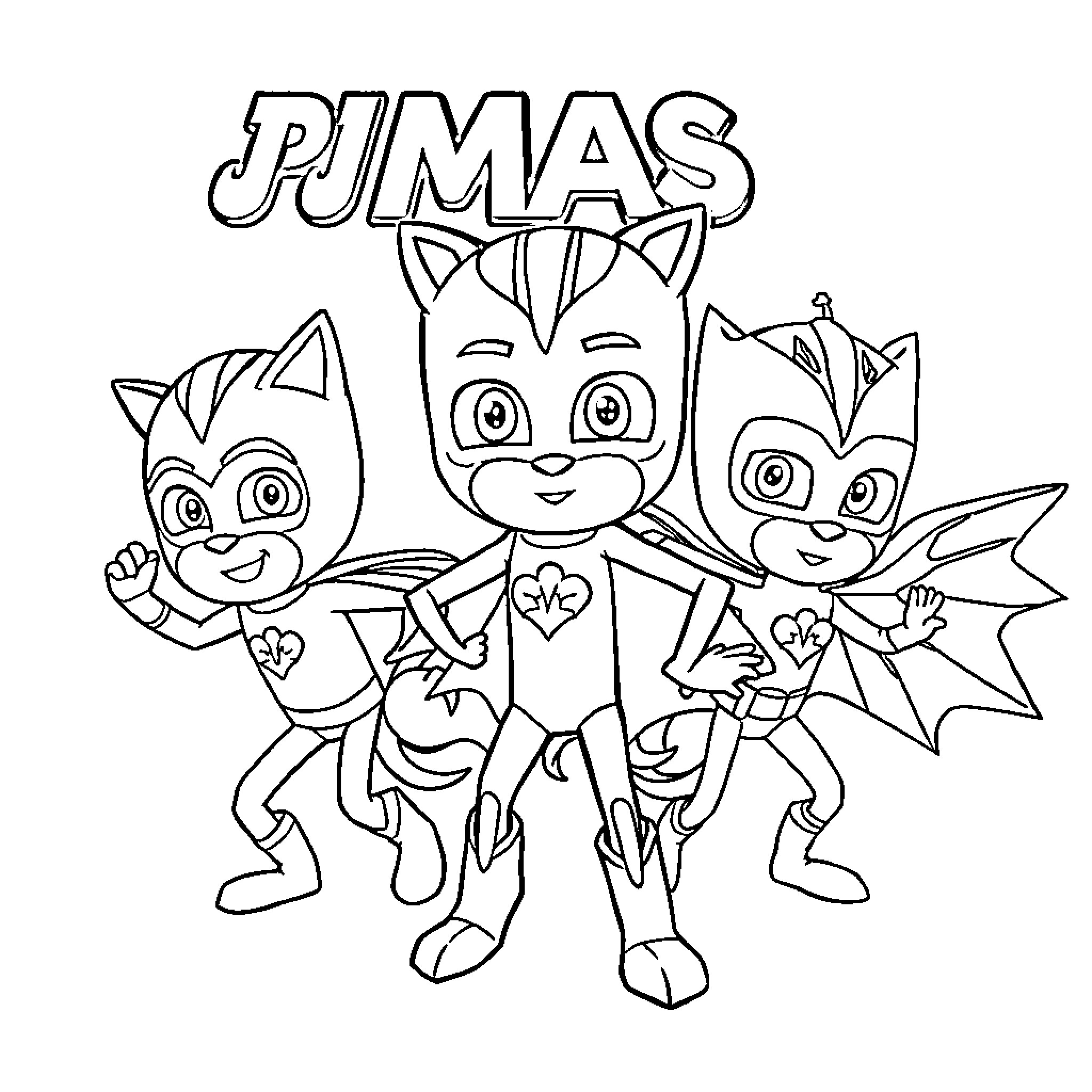 Pj Masks characters in action poses Coloring Page (free black-and-white line drawing printable PDF for all, from beginners to advanced learners, including children, teens, adults, and seniors)