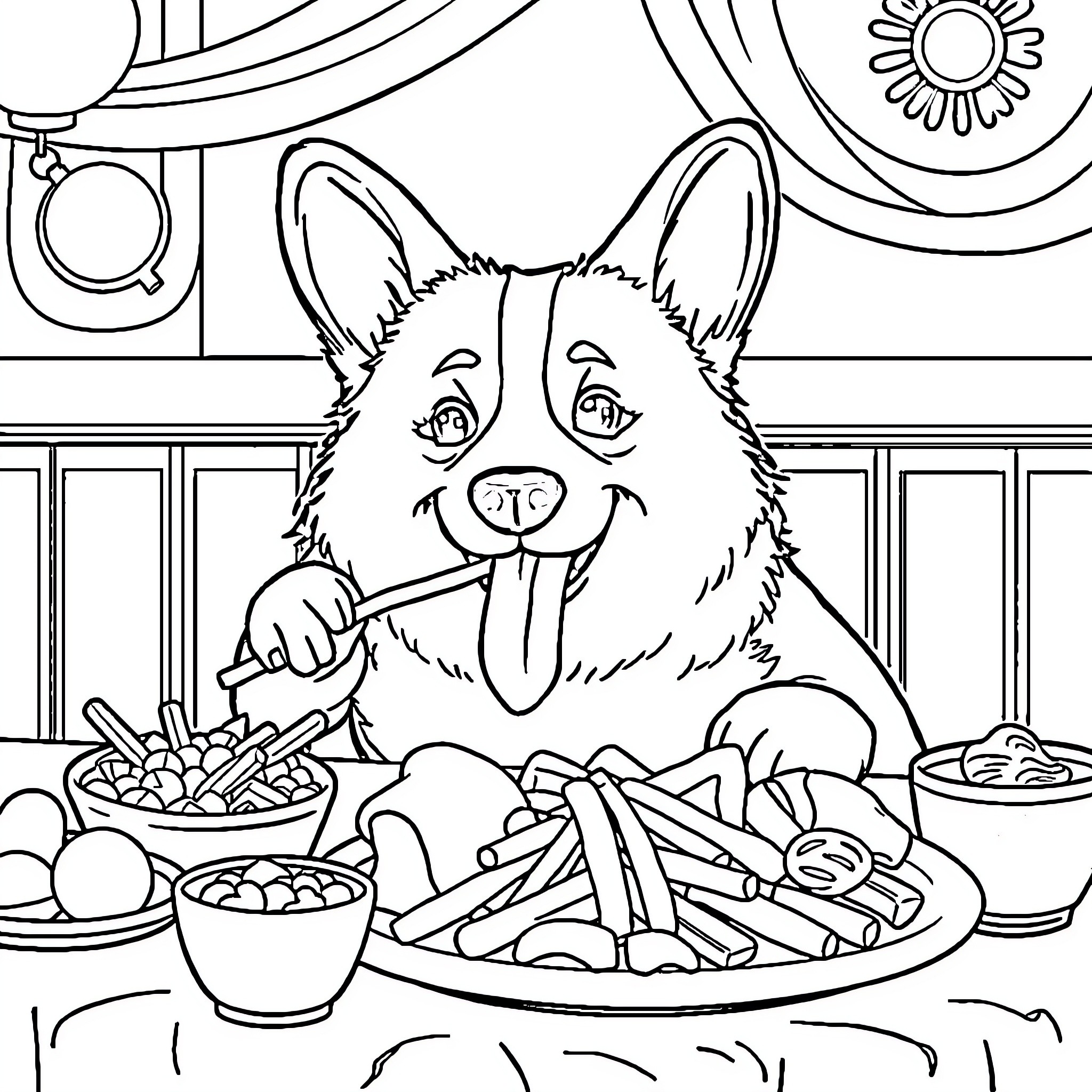 Corgi enjoying a hearty meal in a cozy setting Coloring Page (free black-and-white line drawing printable PDF for all, from beginners to advanced learners, including children, teens, adults, and seniors)
