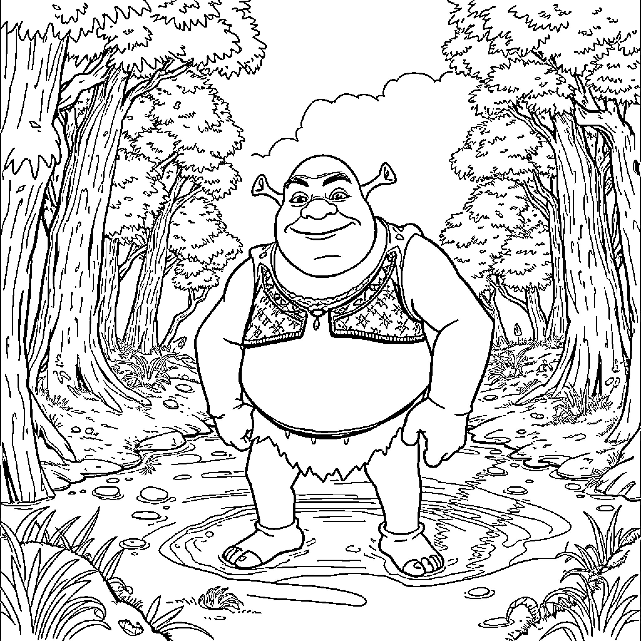 Shrek enjoying a peaceful stroll through the enchanted forest Coloring Page (free black-and-white line drawing printable PDF for all, from beginners to advanced learners, including children, teens, adults, and seniors)