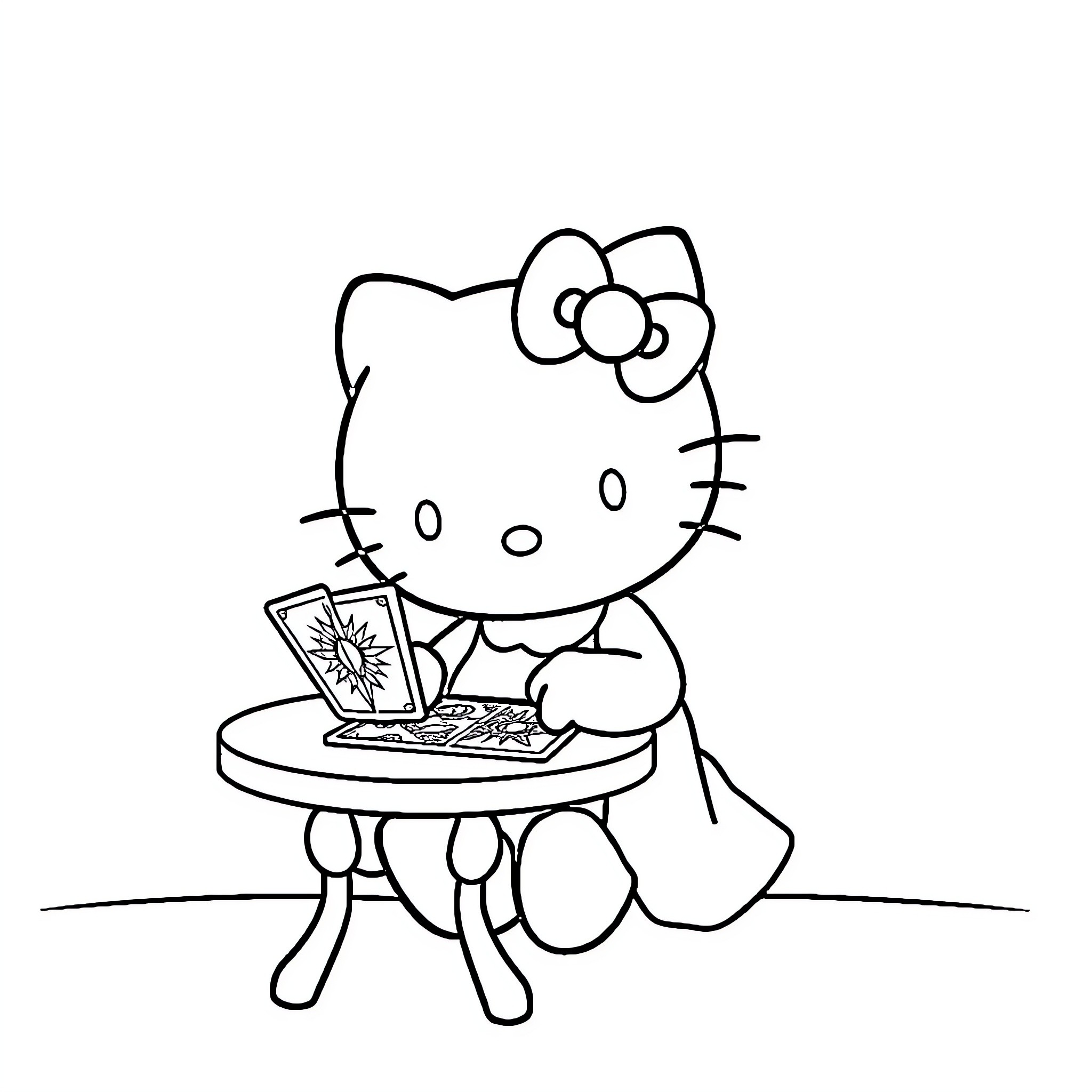 Hello Kitty using a laptop on a table Coloring Page (free black-and-white line drawing printable PDF for all, from beginners to advanced learners, including children, teens, adults, and seniors)