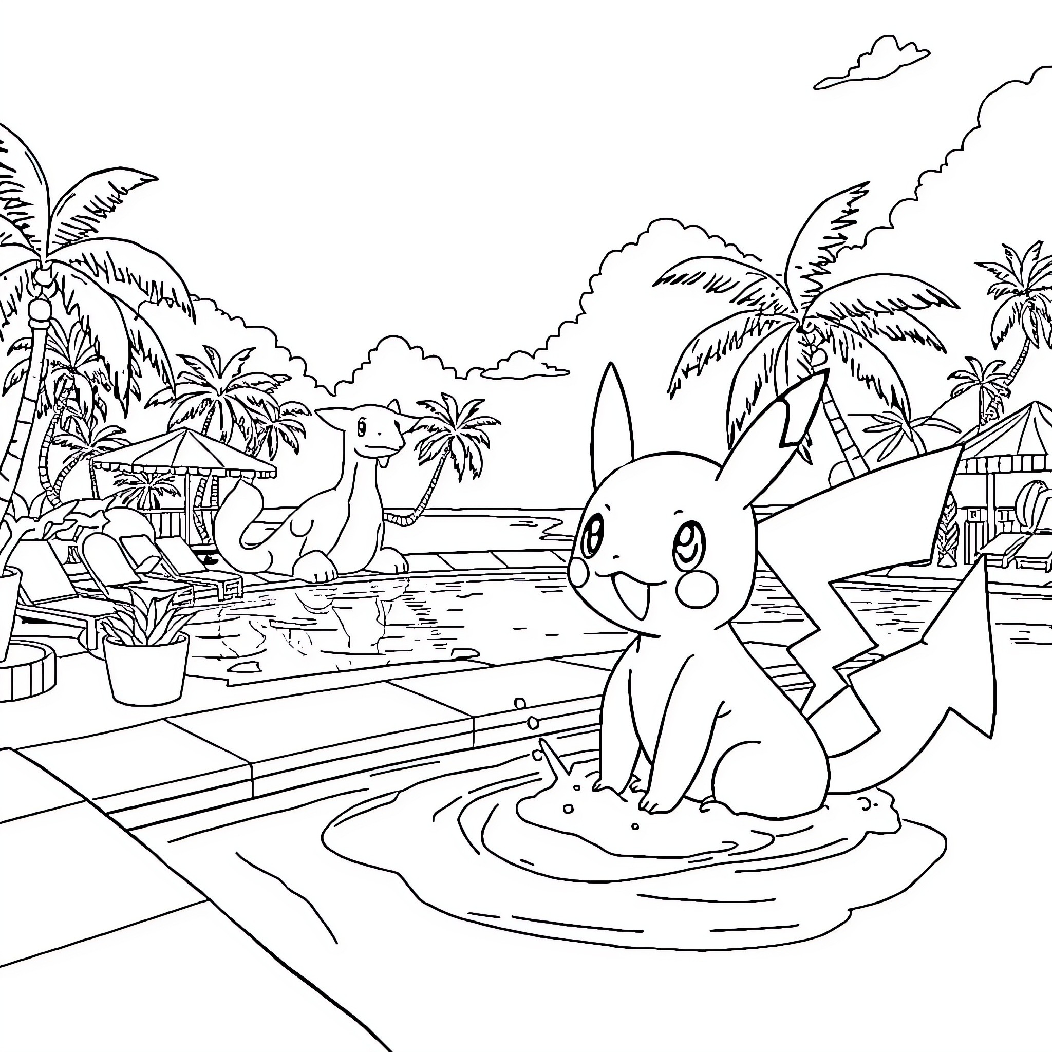 Pokémon enjoying tropical beach scene Coloring Page (free black-and-white line drawing printable PDF for all, from beginners to advanced learners, including children, teens, adults, and seniors)