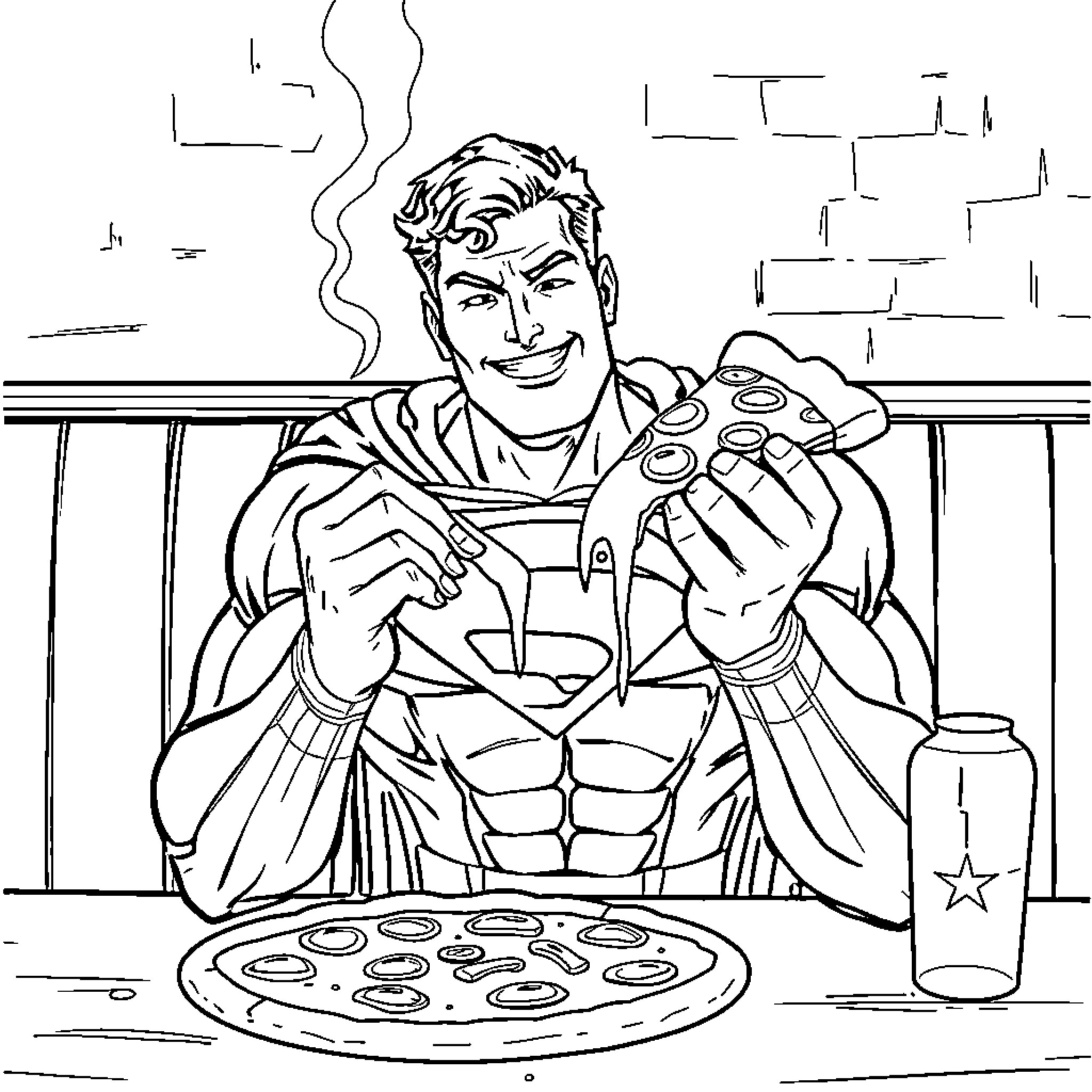 Superman Enjoys a Hearty Meal After a Heroic Day Coloring Page (free black-and-white line drawing printable PDF for all, from beginners to advanced learners, including children, teens, adults, and seniors)