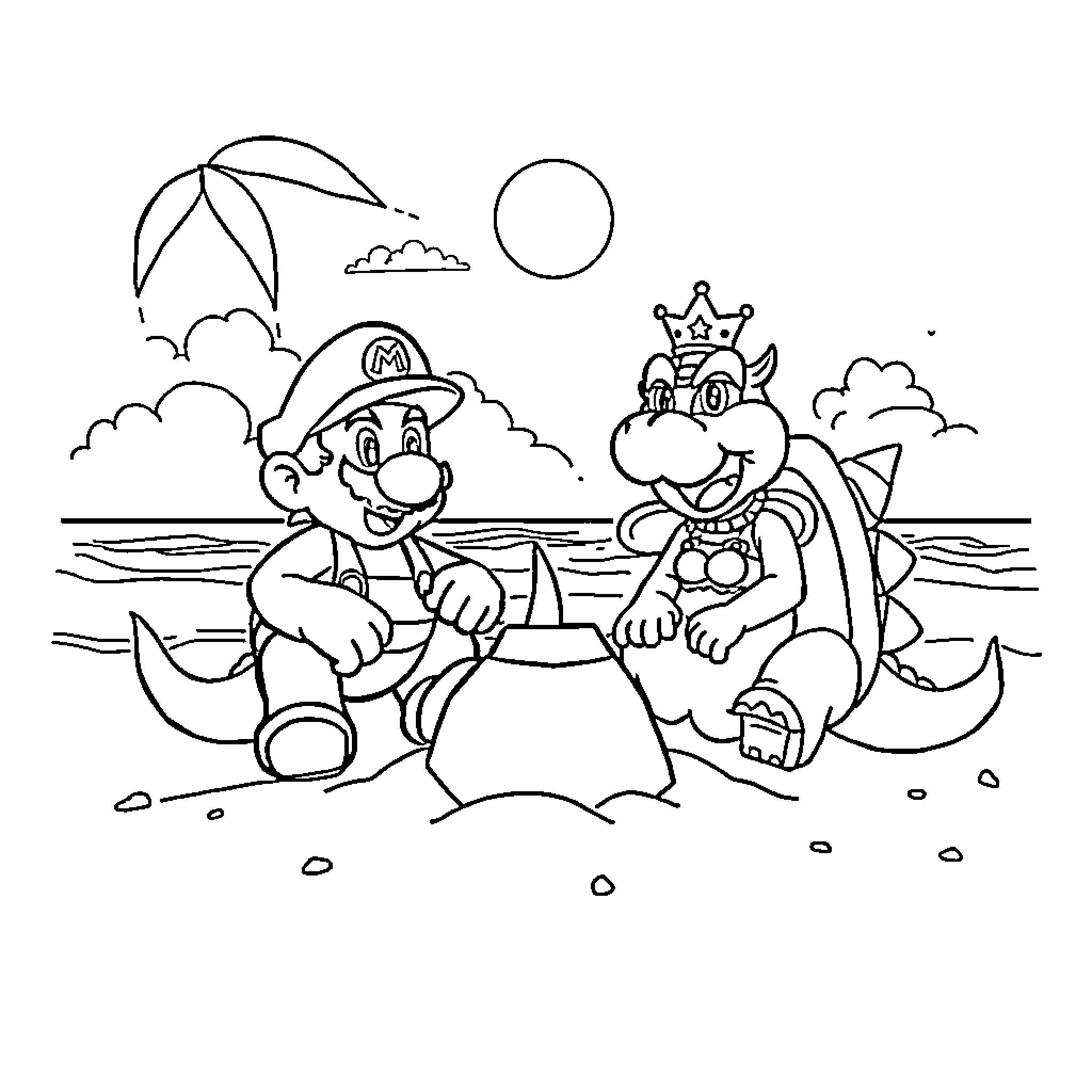 Mario's Beach Adventure with Friendly Koopa Coloring Page (free black-and-white line drawing printable PDF for all, from beginners to advanced learners, including children, teens, adults, and seniors)